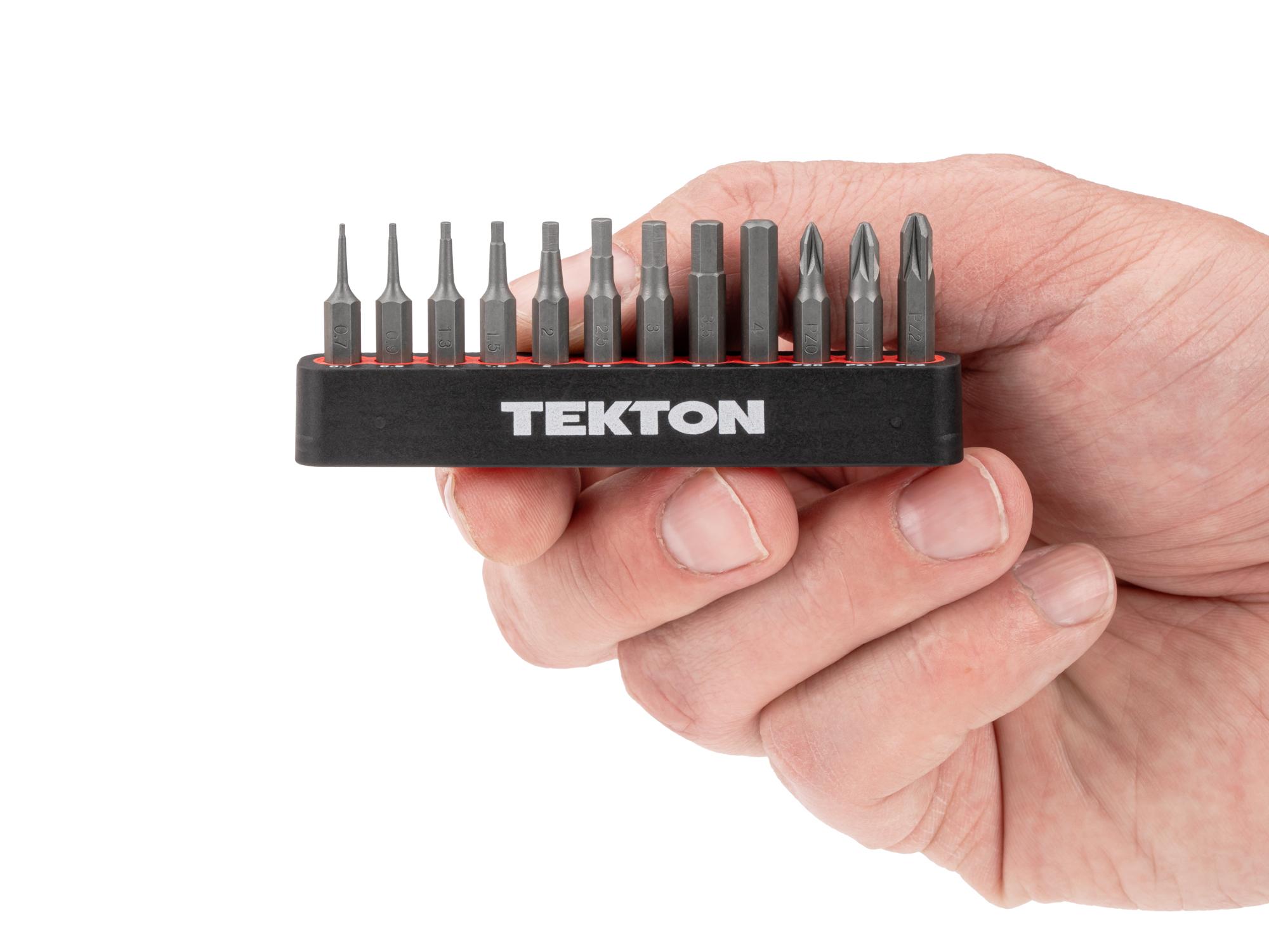 Person holding Tekton rail bit set. Item #DZZ92005