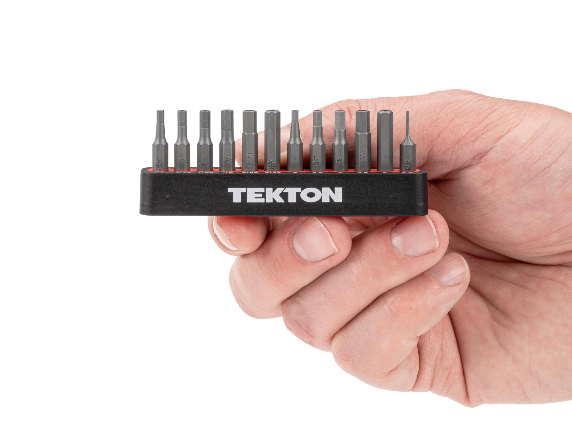 Person holding Tekton rail bit set. Item #DZZ92006
