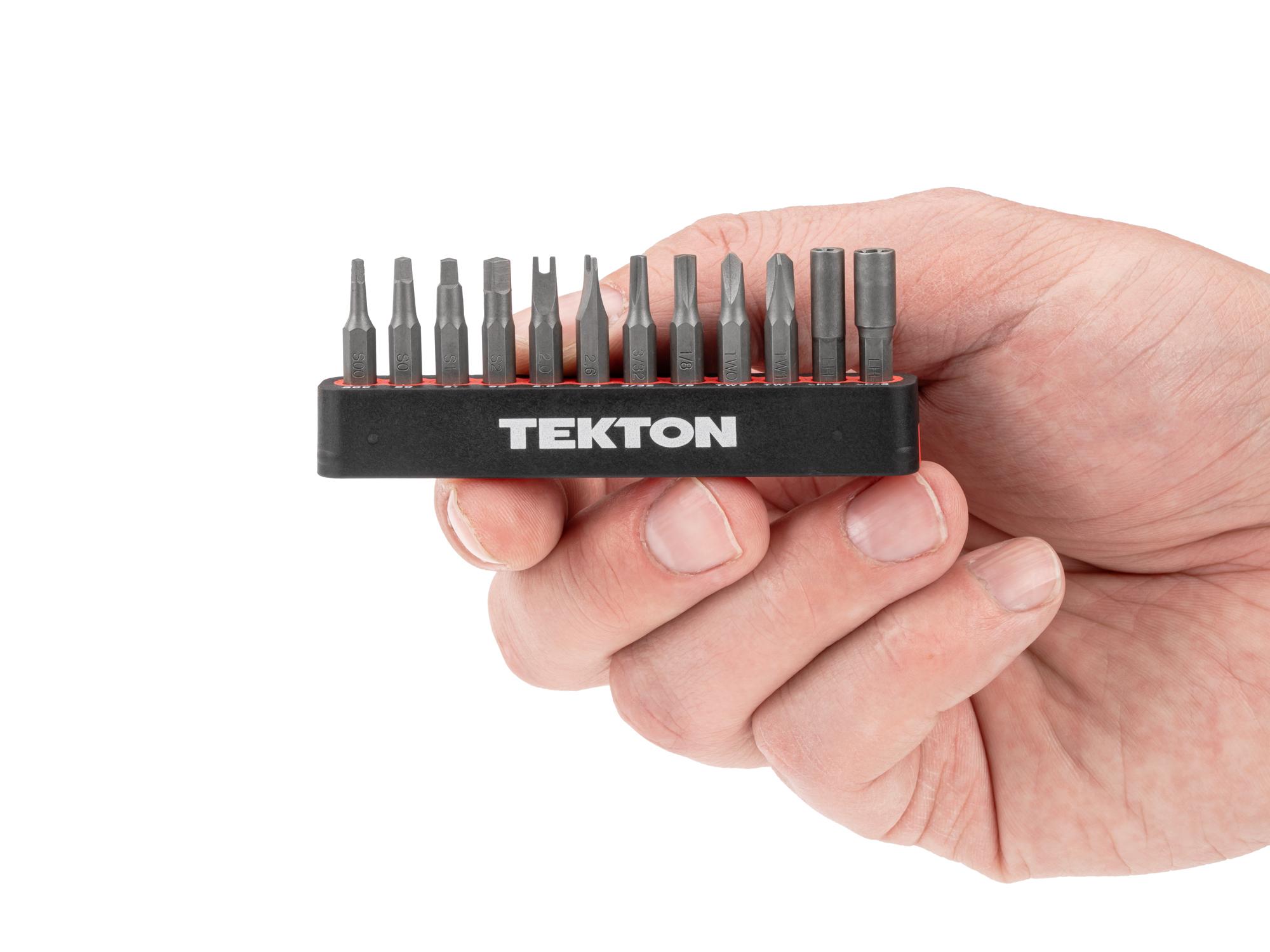 Person holding Tekton rail bit set. Item #DZZ92007