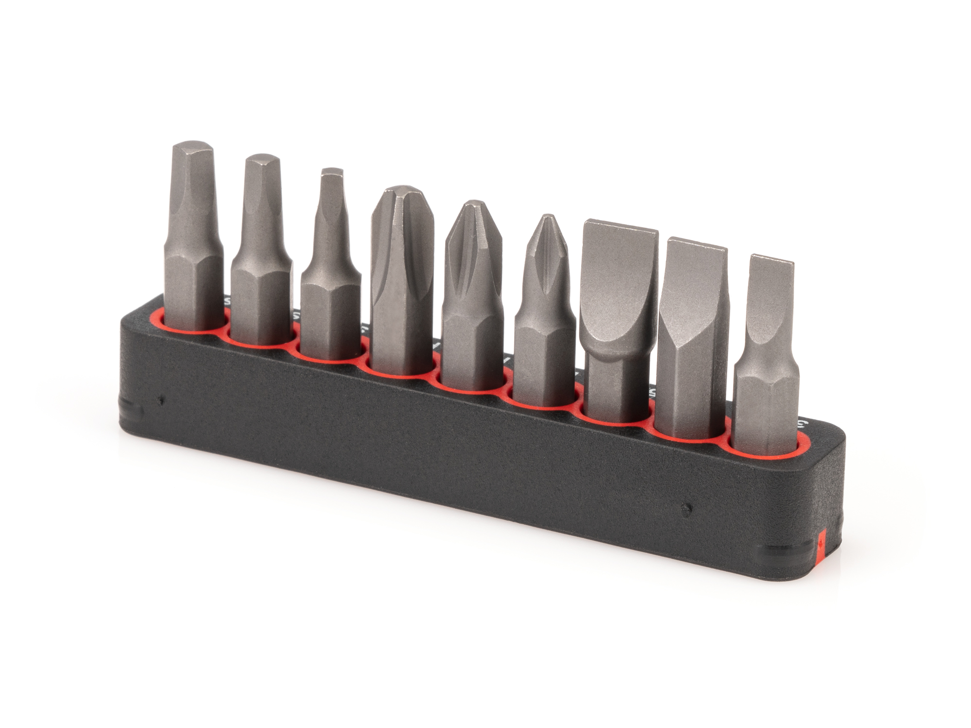 Includes phillips, slotted, star/torx, square, and hex bits. Comes with rail storage holders that securely grip the bits and also allow for easy one-handed removal.