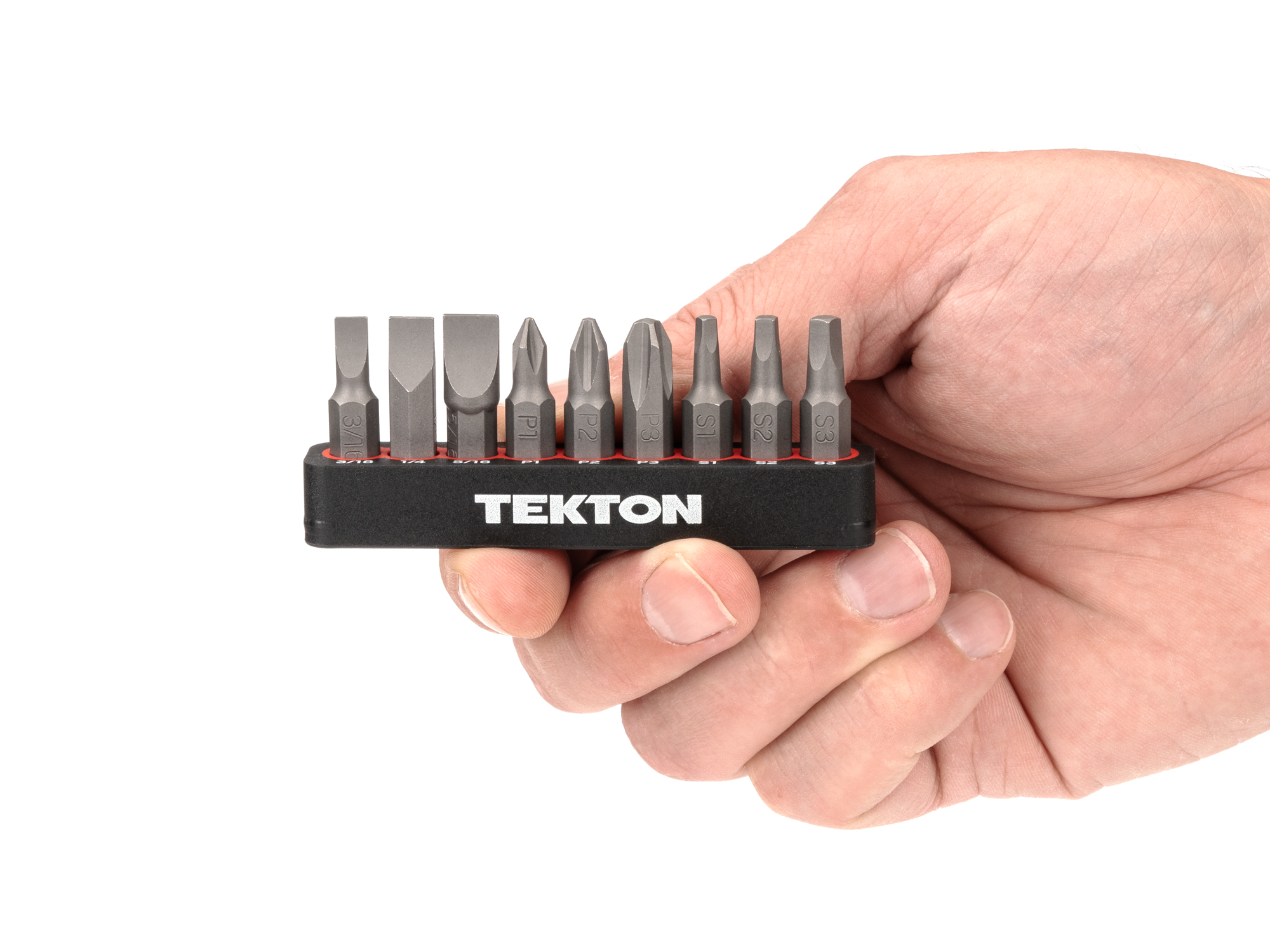 Includes phillips, slotted, star/torx, square, and hex bits. Comes with rail storage holders that securely grip the bits and also allow for easy one-handed removal.