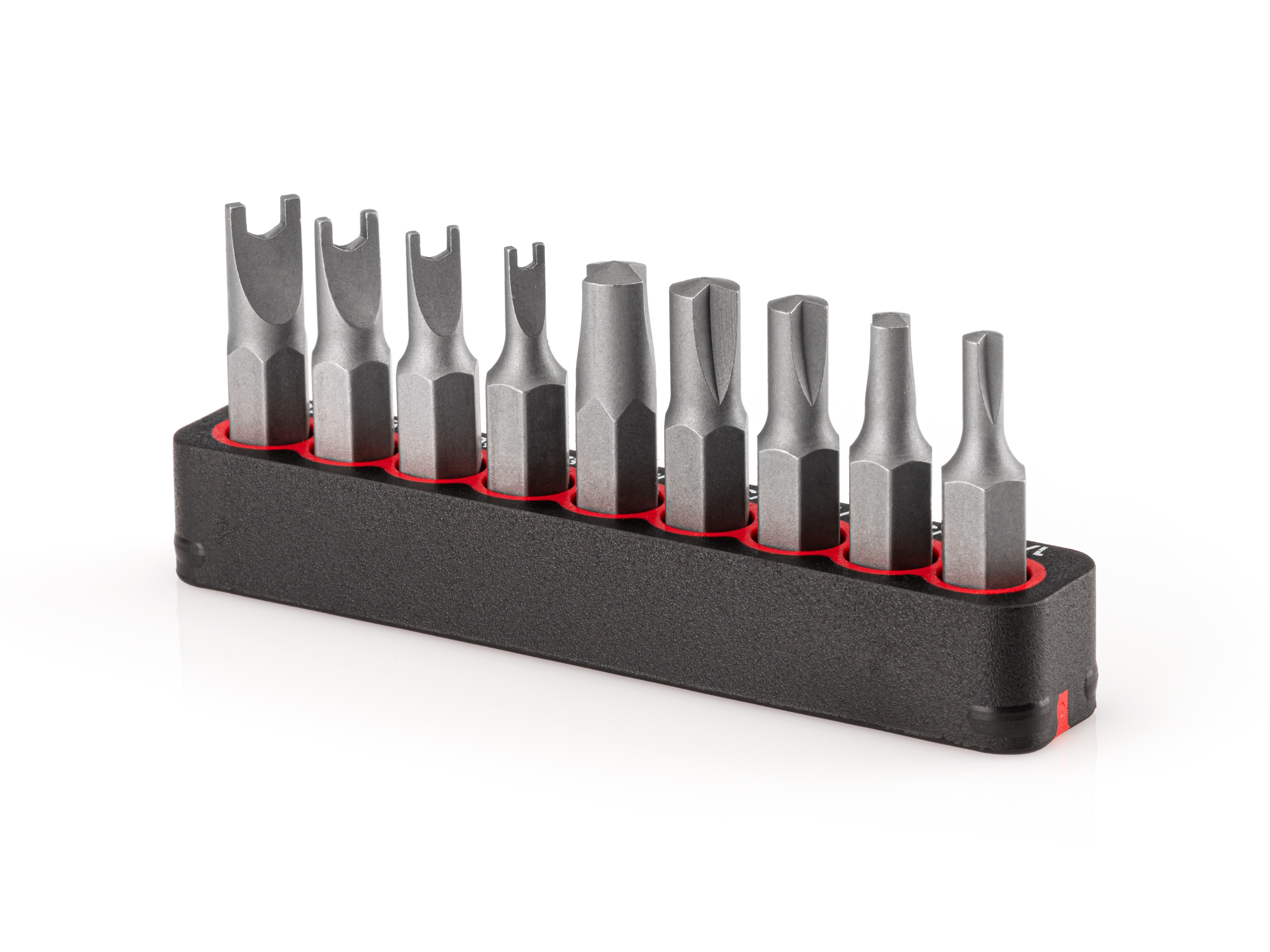 Includes Clutch security bit sizes 1/8-1/4 inch and spanner #4-#10 with rail storage. The flexible bit rails grip the bits, while also allowing for easy one-handed removal.