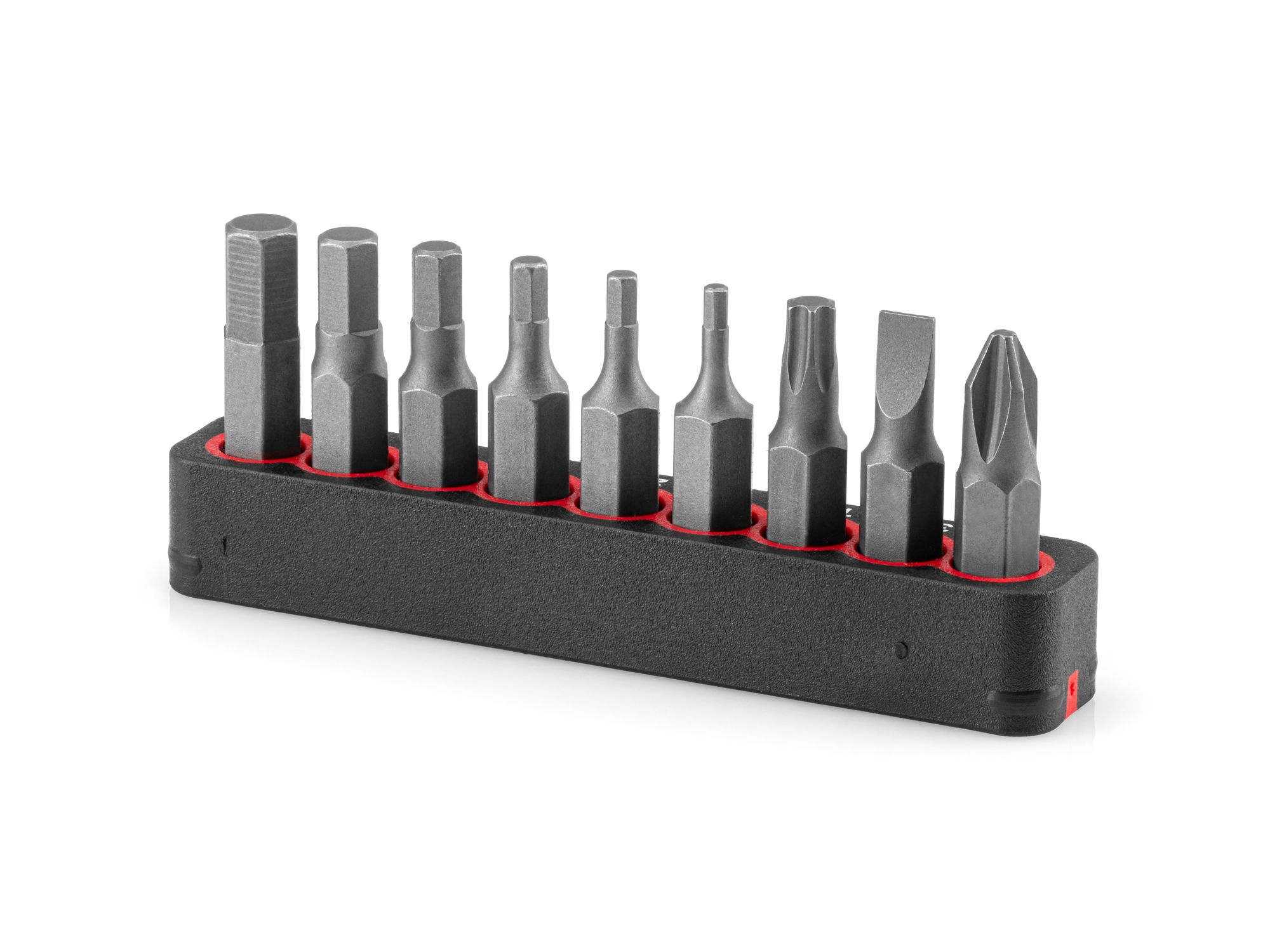 Set includes range of steel bits commonly used in bicycle maintenence: 3/16 inch (SAE) slotted, #2 Phillips, T25 Torx (star), and 2, 2.5, 3, 4, 5, and 6 mm (metric) hex bits. DZZ93003.