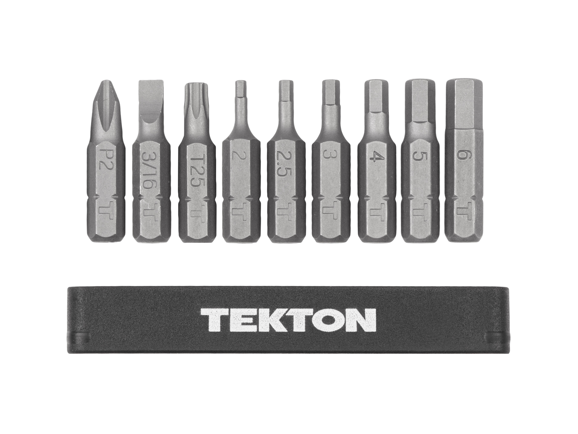 Set includes range of steel bits commonly used in bicycle maintenence: 3/16 inch (SAE) slotted, #2 Phillips, T25 Torx (star), and 2, 2.5, 3, 4, 5, and 6 mm (metric) hex bits. DZZ93003.