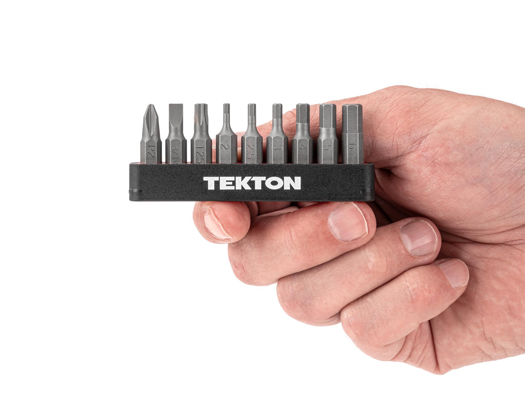 Person holding Tekton rail bit set. Item #DZZ93003