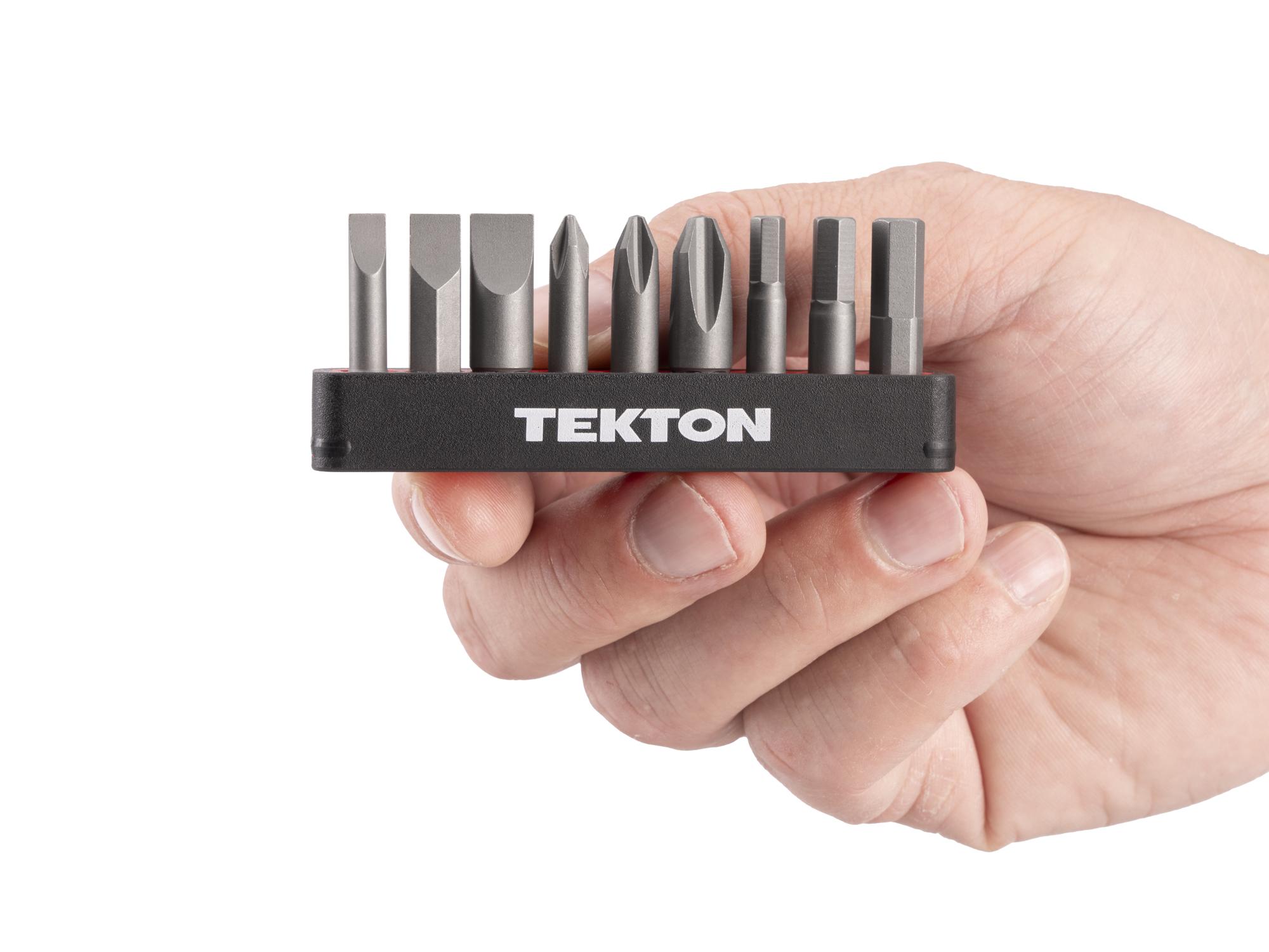 Person holding Tekton rail bit set set. Item #DZZ93004