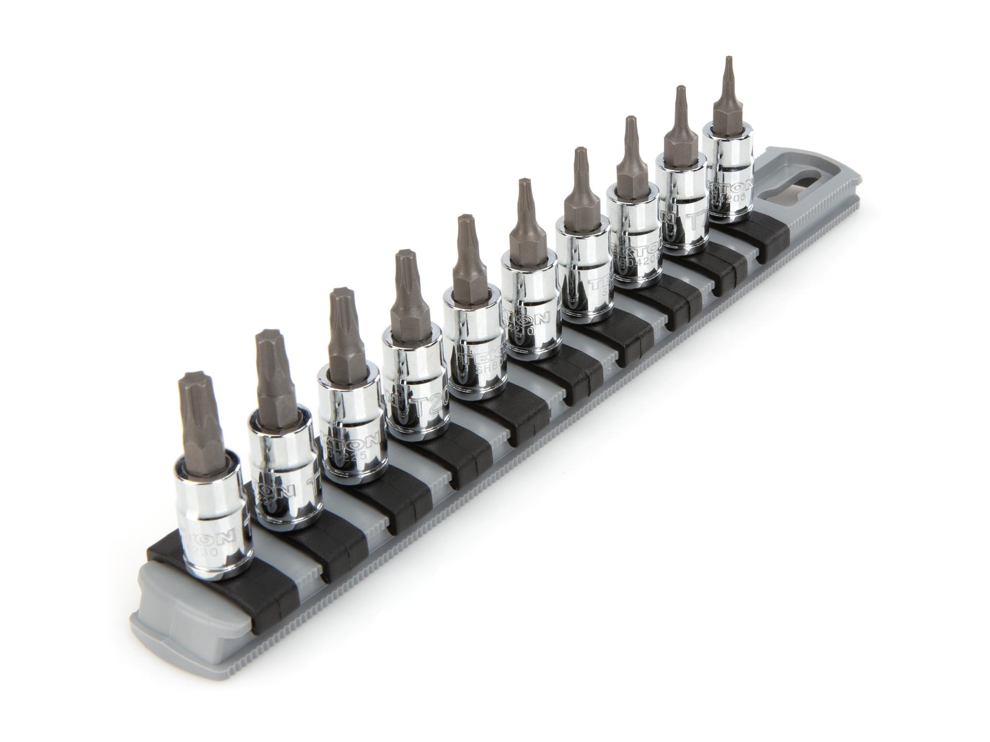 Front-right angle view of Tekton rail hand drive bit socket set. Item #SHB90103