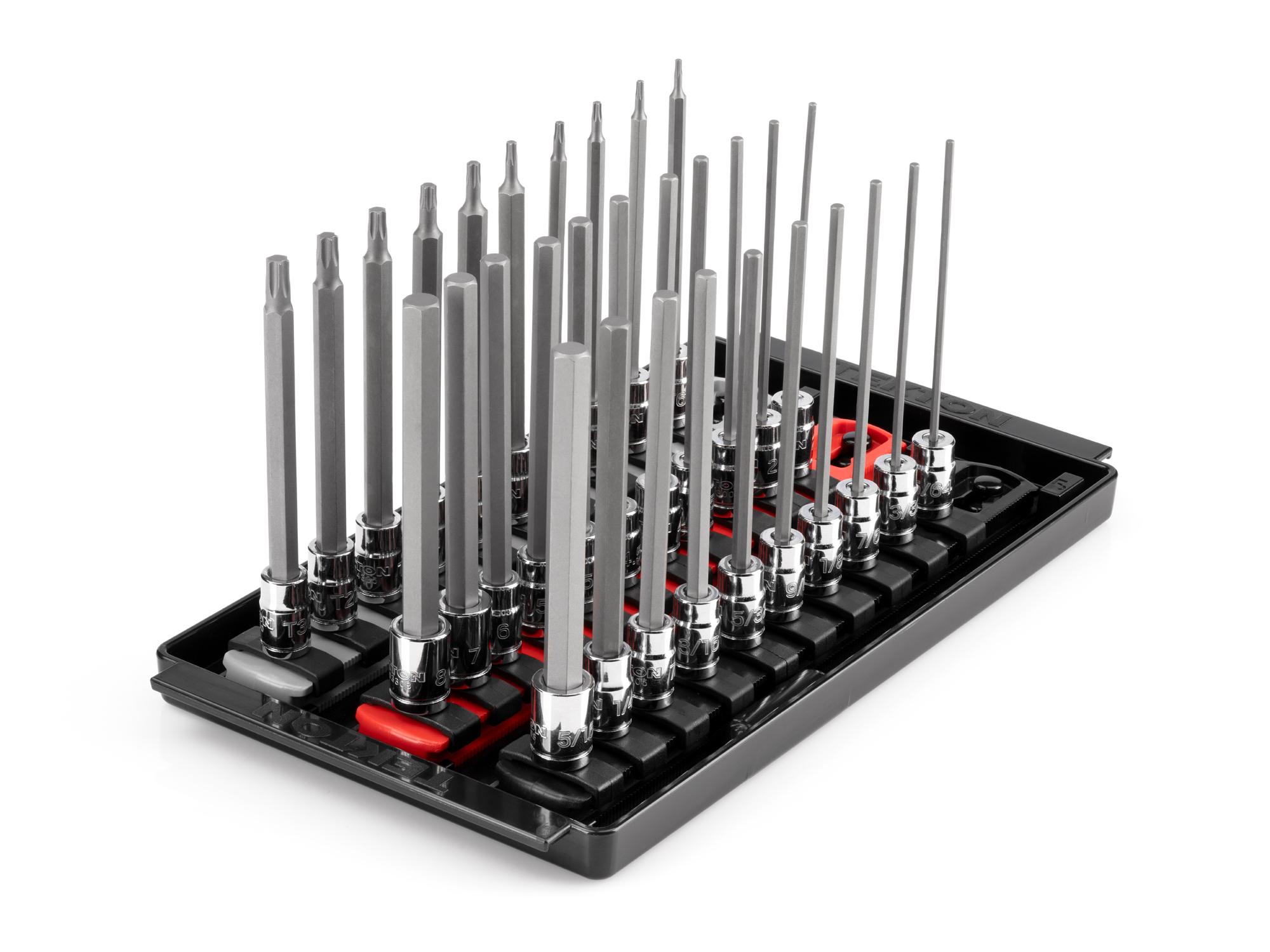 Front-right angle view of Tekton rail and tray hand drive bit socket set. Item #SHB90205