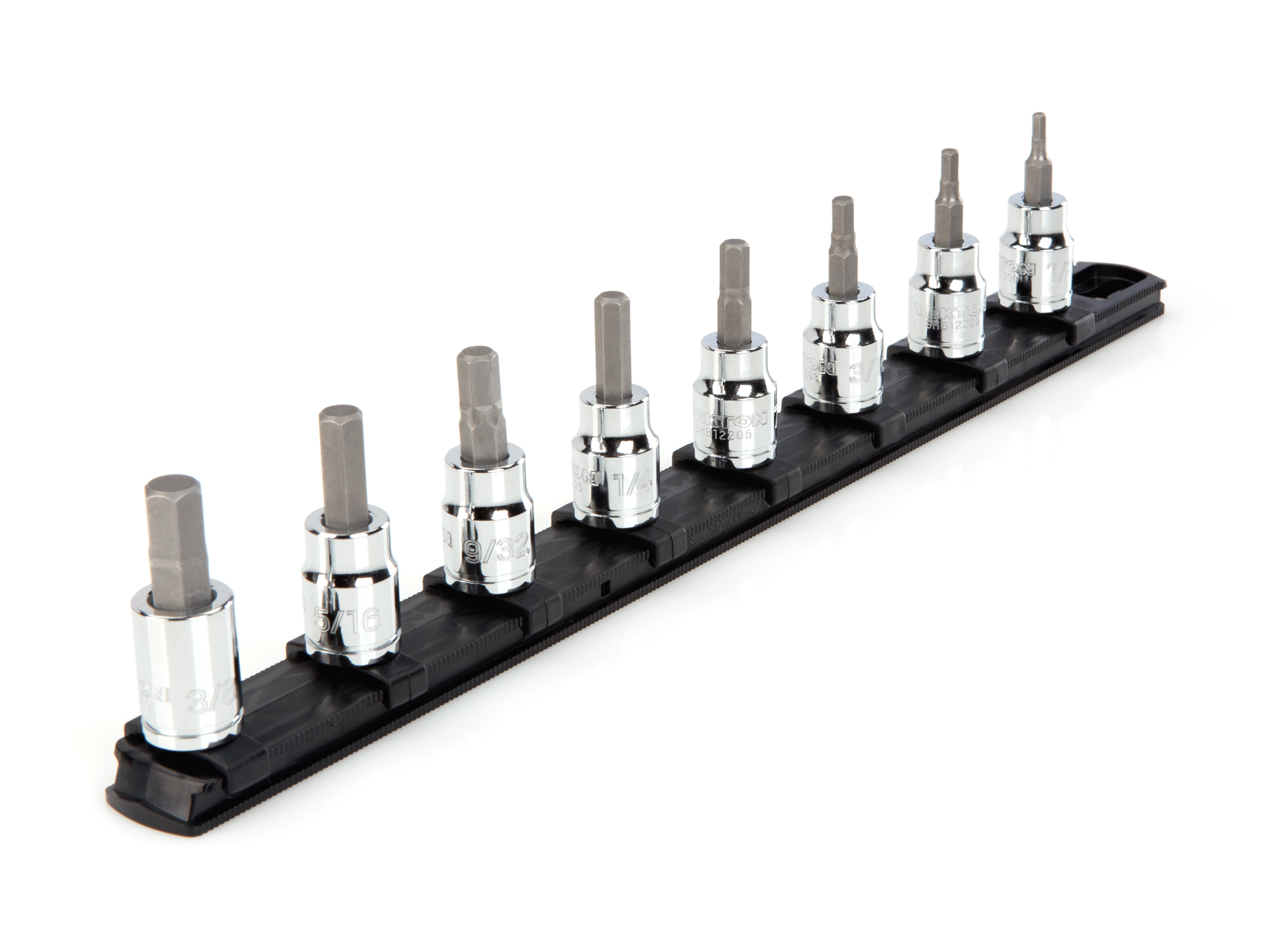 Includes: Hex 1/8-3/8 inch (SAE) bit sockets. The S2 heat-treated steel bit is press fitted into the socket. Comes with rail storage. SHB91101.