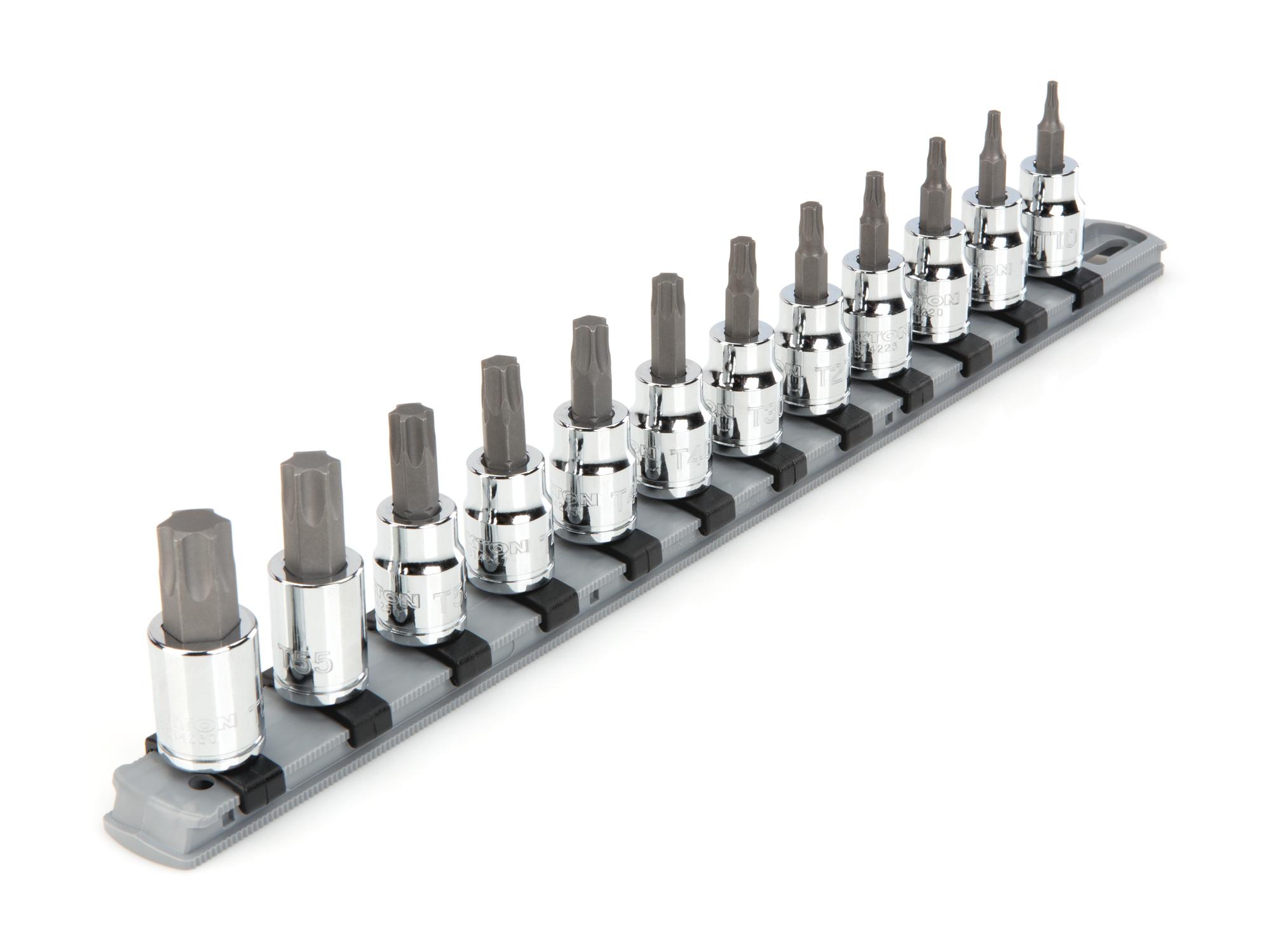 Front-right angle view of Tekton rail hand drive bit socket set. Item #SHB91103