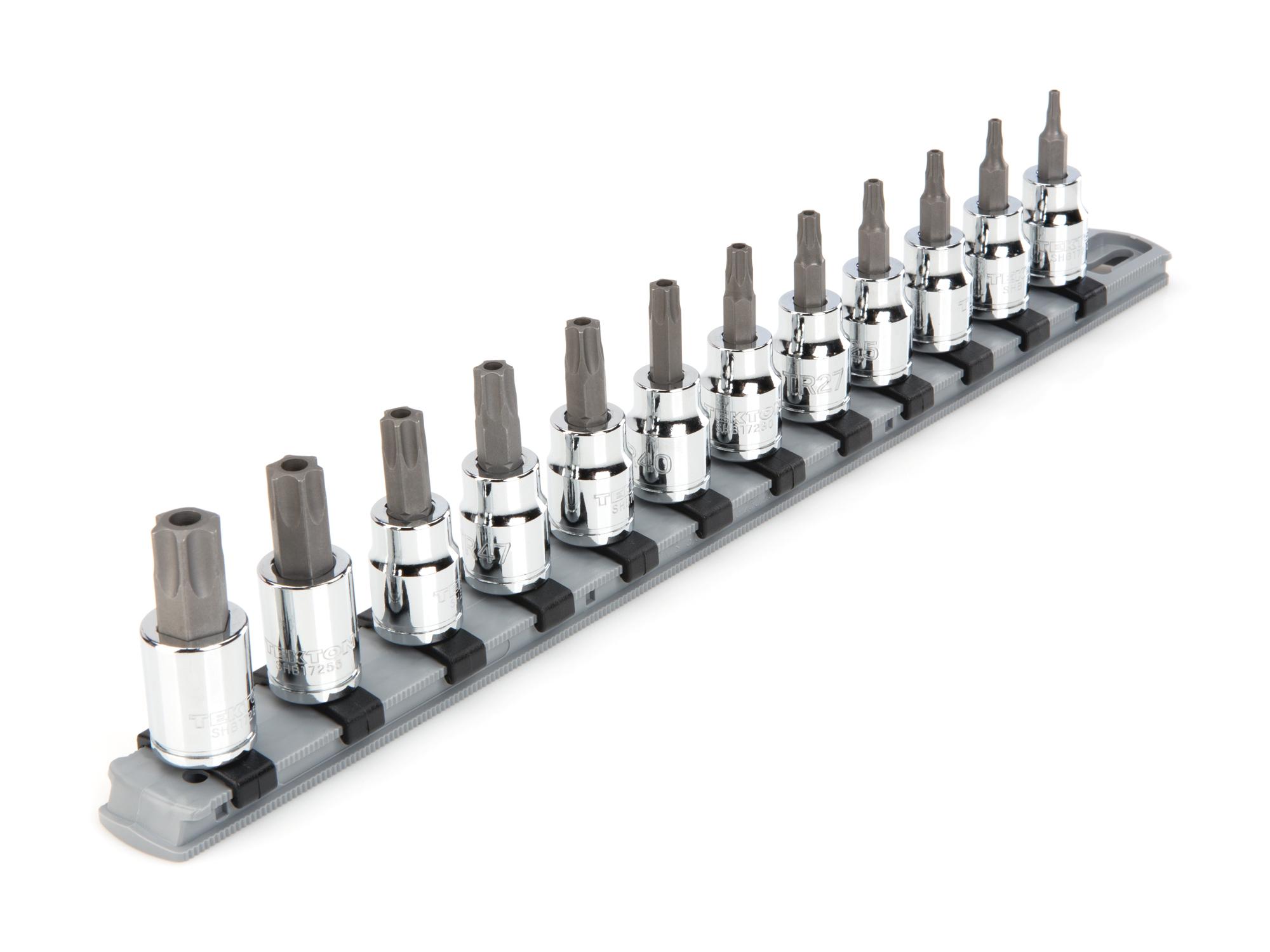 Front-right angle view of Tekton rail hand drive bit socket set. Item #SHB91104