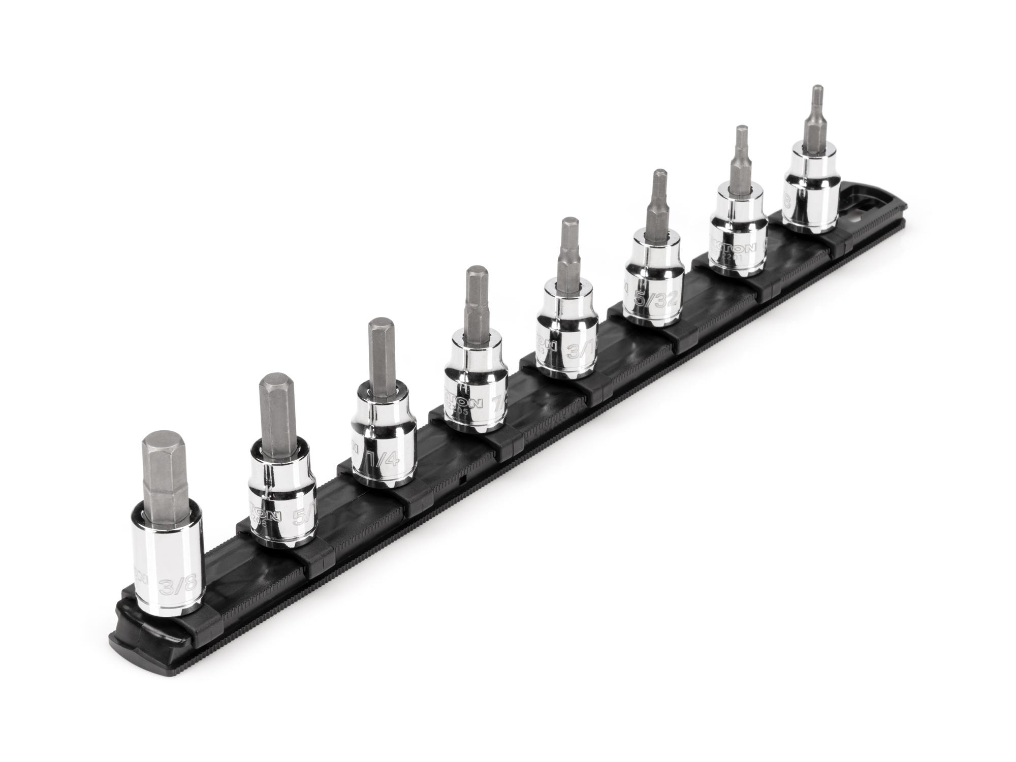 Front-right angle view of Tekton rail hand drive bit socket set. Item #SHB91106