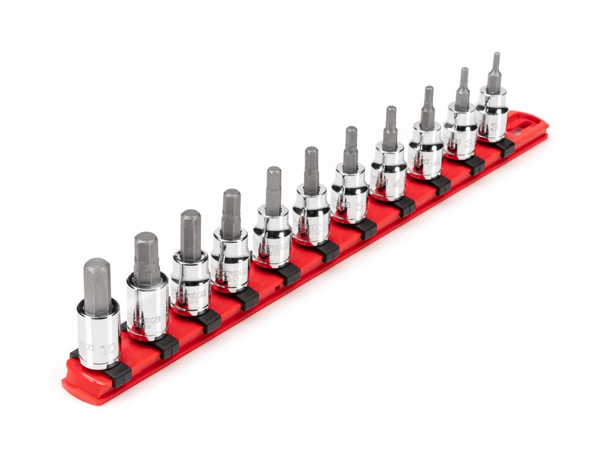 Front-right angle view of Tekton rail hand drive bit socket set. Item #SHB91107
