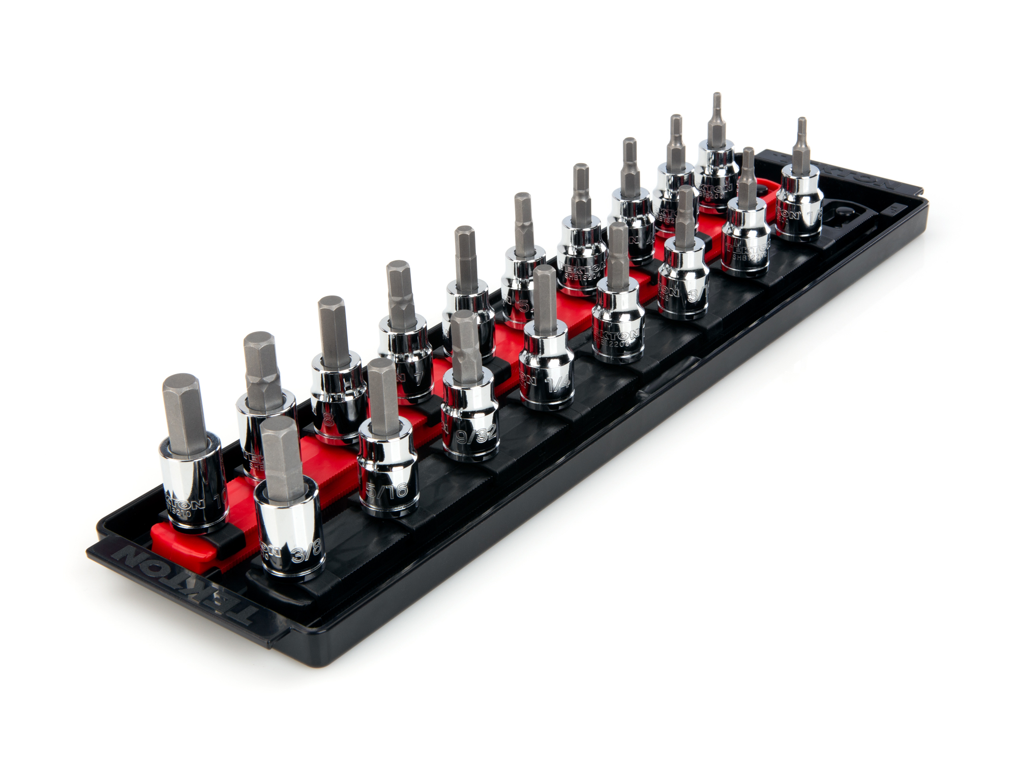 Includes: Hex 1/8-3/8 inch (SAE), 3-10 mm (Metric) bit sockets. The S2 steel bit is press fitted into the socket. Comes with rail and tray storage. SHB91201.