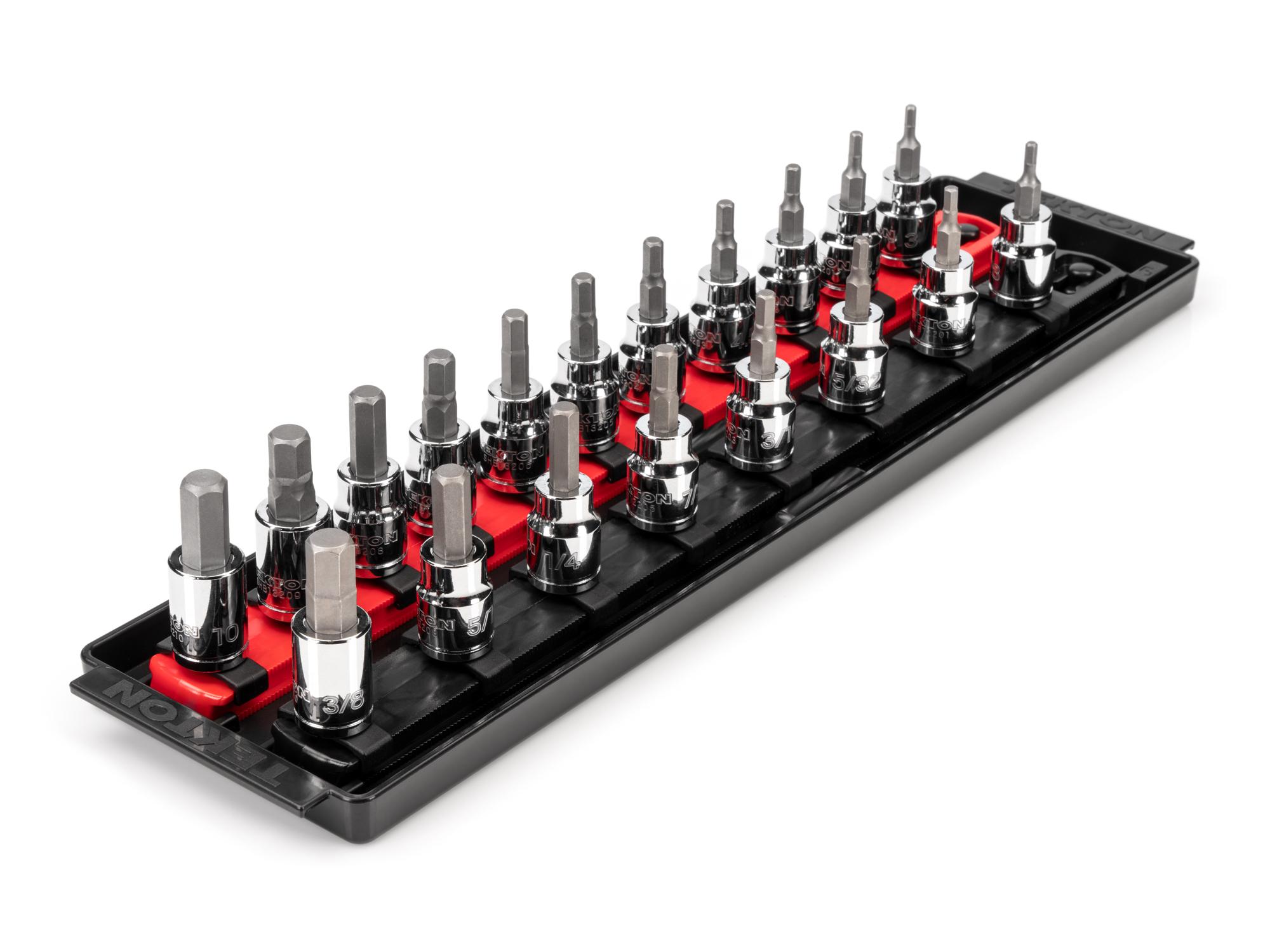 Front-right angle view of Tekton rail and tray hand drive bit socket set. Item #SHB91202