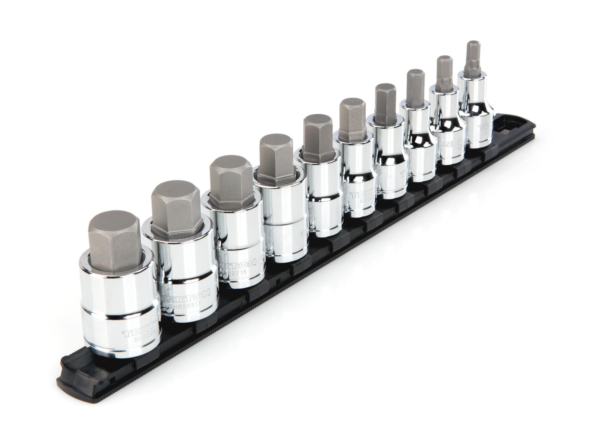 Front-right angle view of Tekton rail hand drive bit socket set. Item #SHB92101