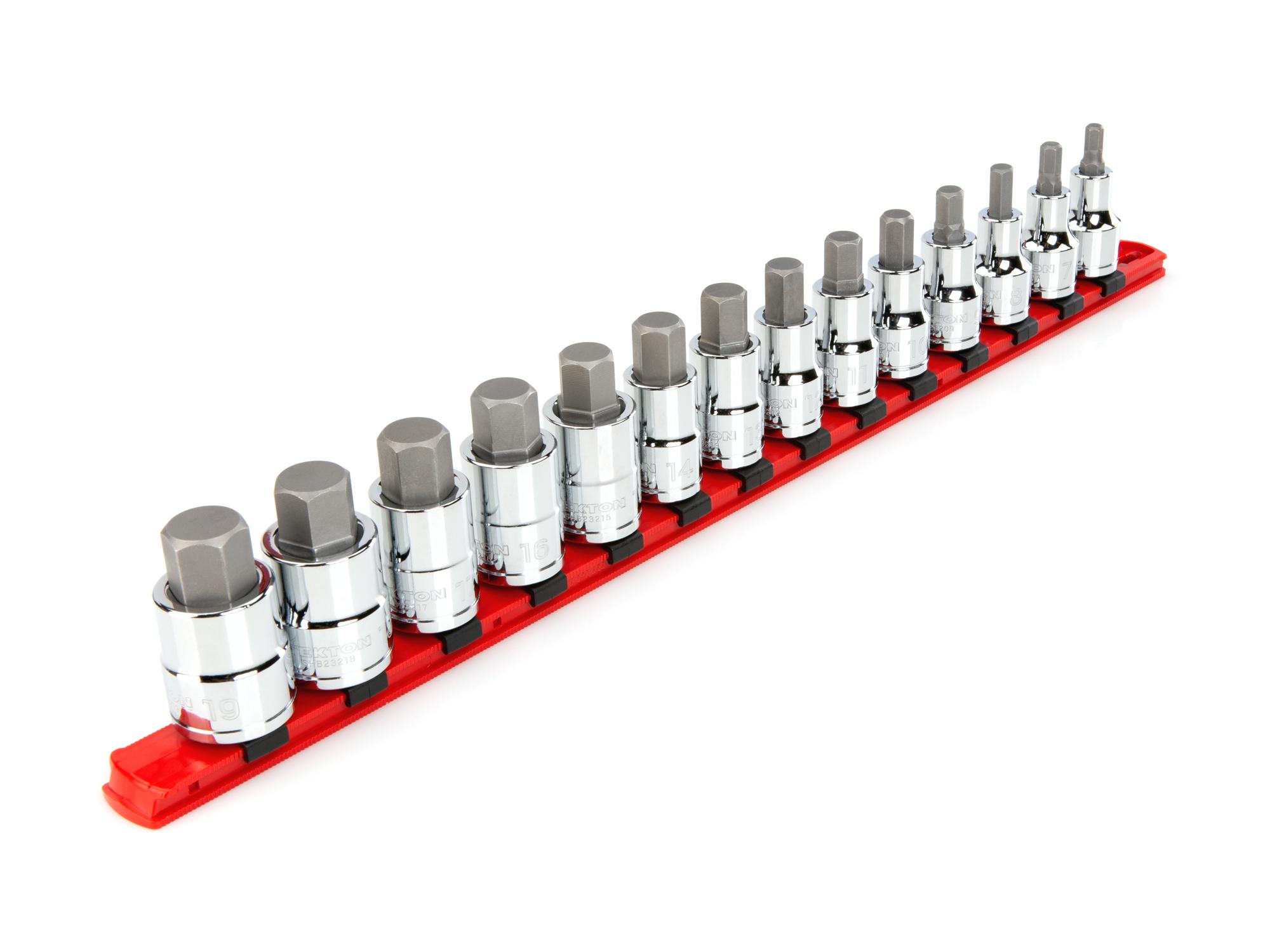 Front-right angle view of Tekton rail hand drive bit socket set. Item #SHB92102