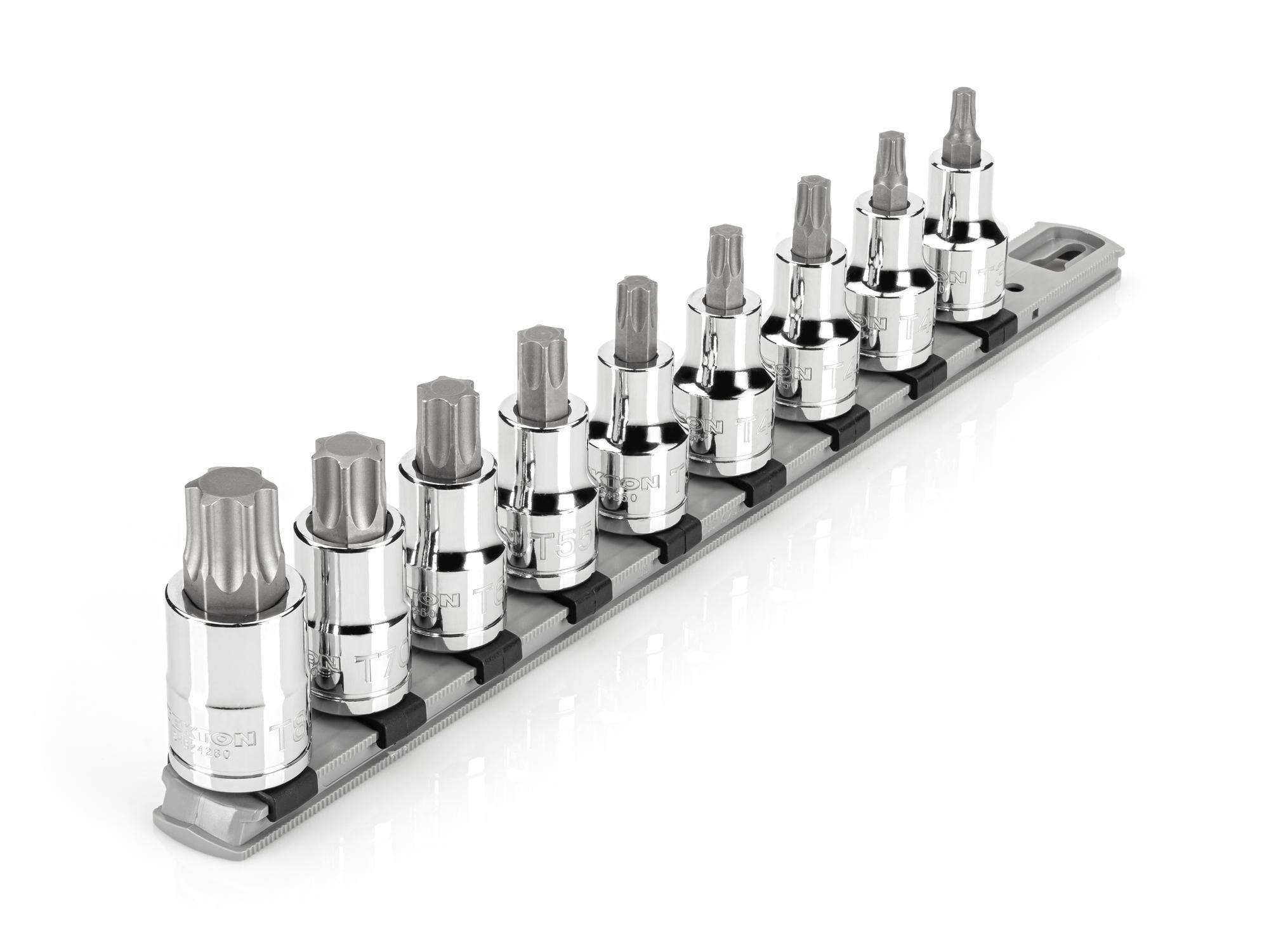 Front-right angle view of Tekton rail hand drive bit socket set. Item #SHB92107