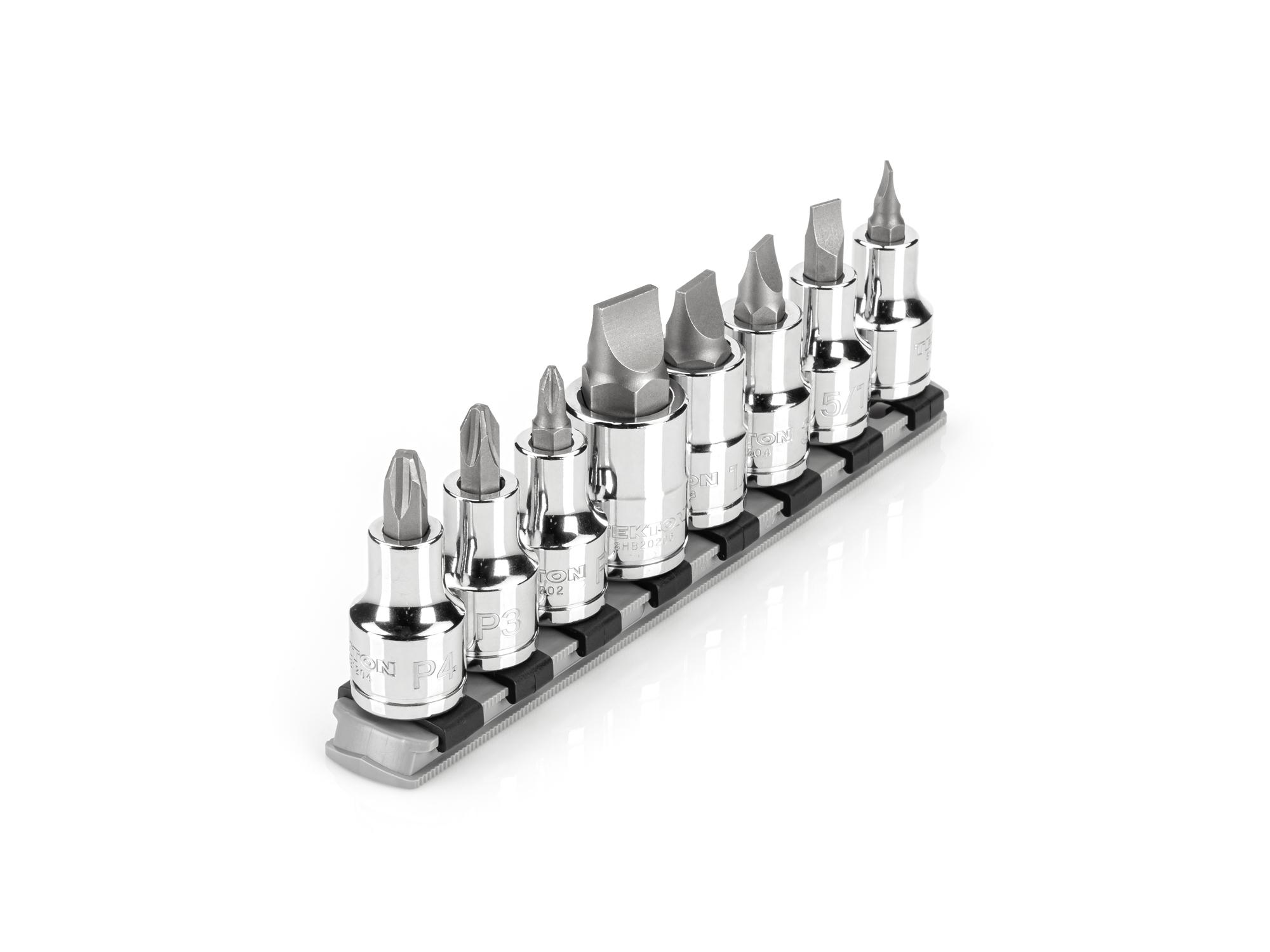 Front-right angle view of Tekton rail hand drive bit socket set. Item #SHB92108