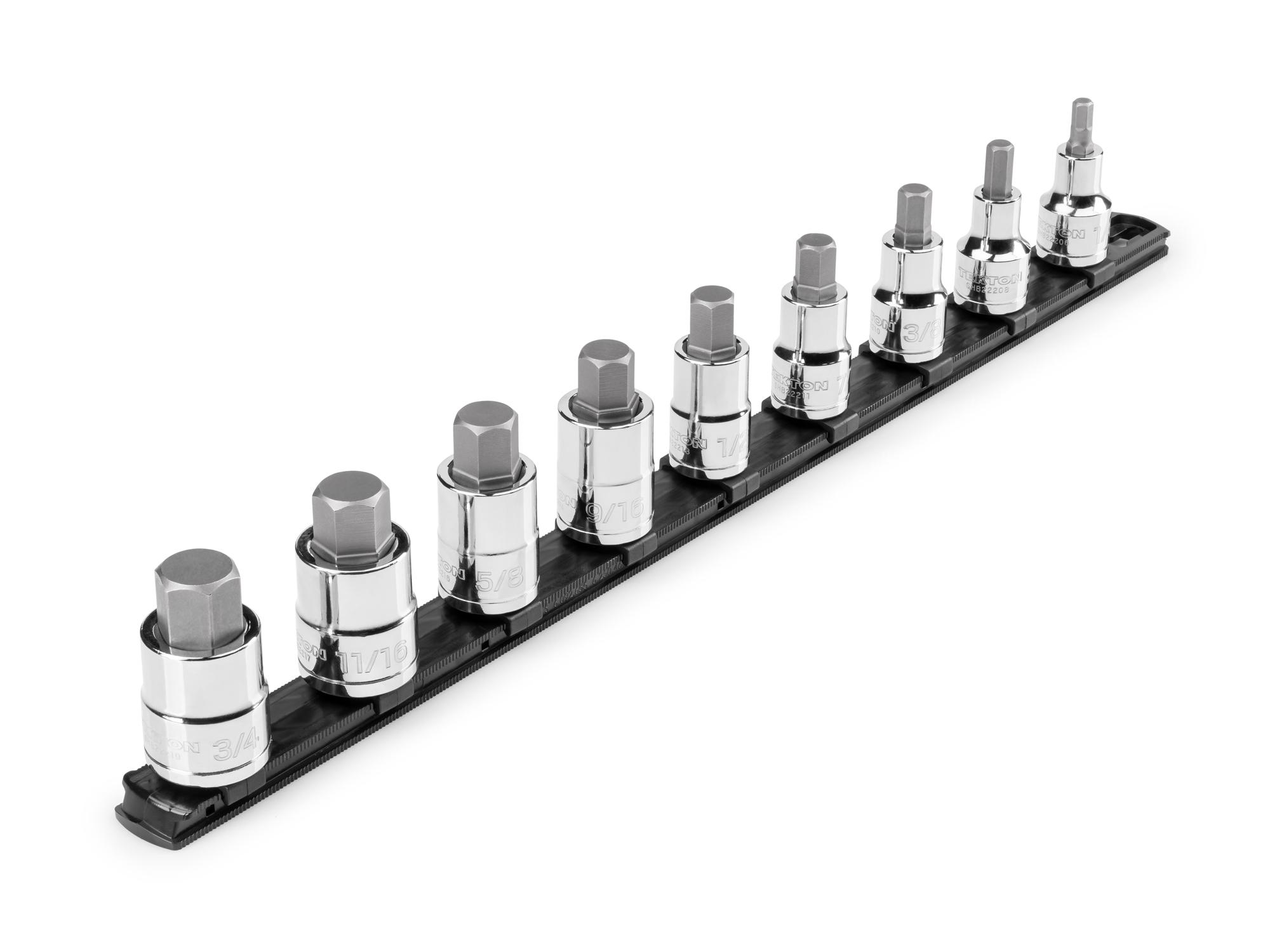 Front-right angle view of Tekton rail hand drive bit socket set. Item #SHB92109