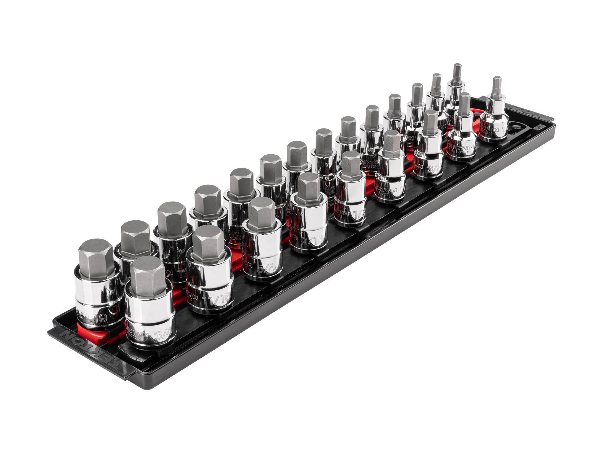 Front-right angle view of Tekton rail and tray hand drive bit socket set. Item #SHB92202