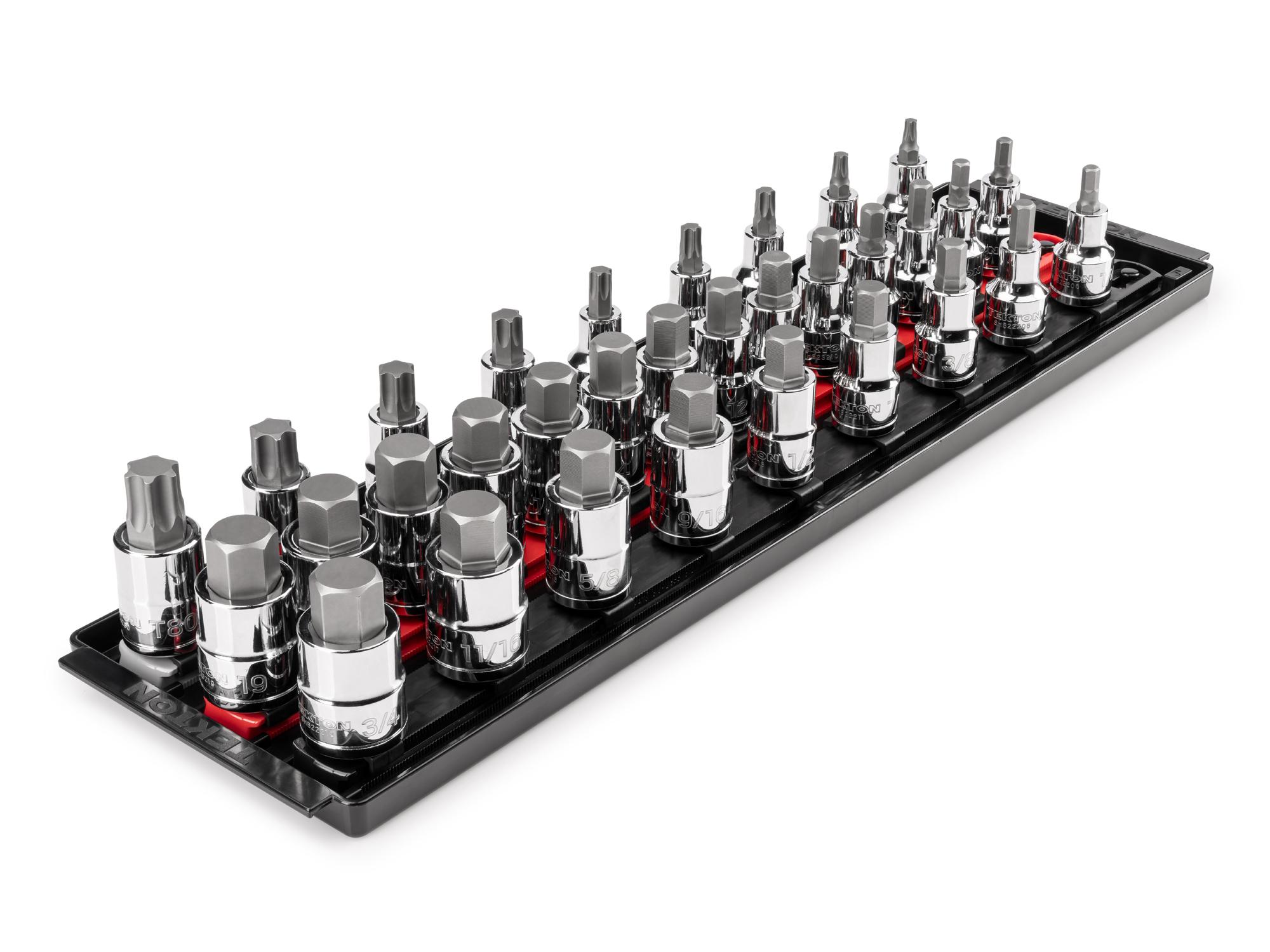 Front-right angle view of Tekton rail and tray hand drive bit socket set. Item #SHB92203