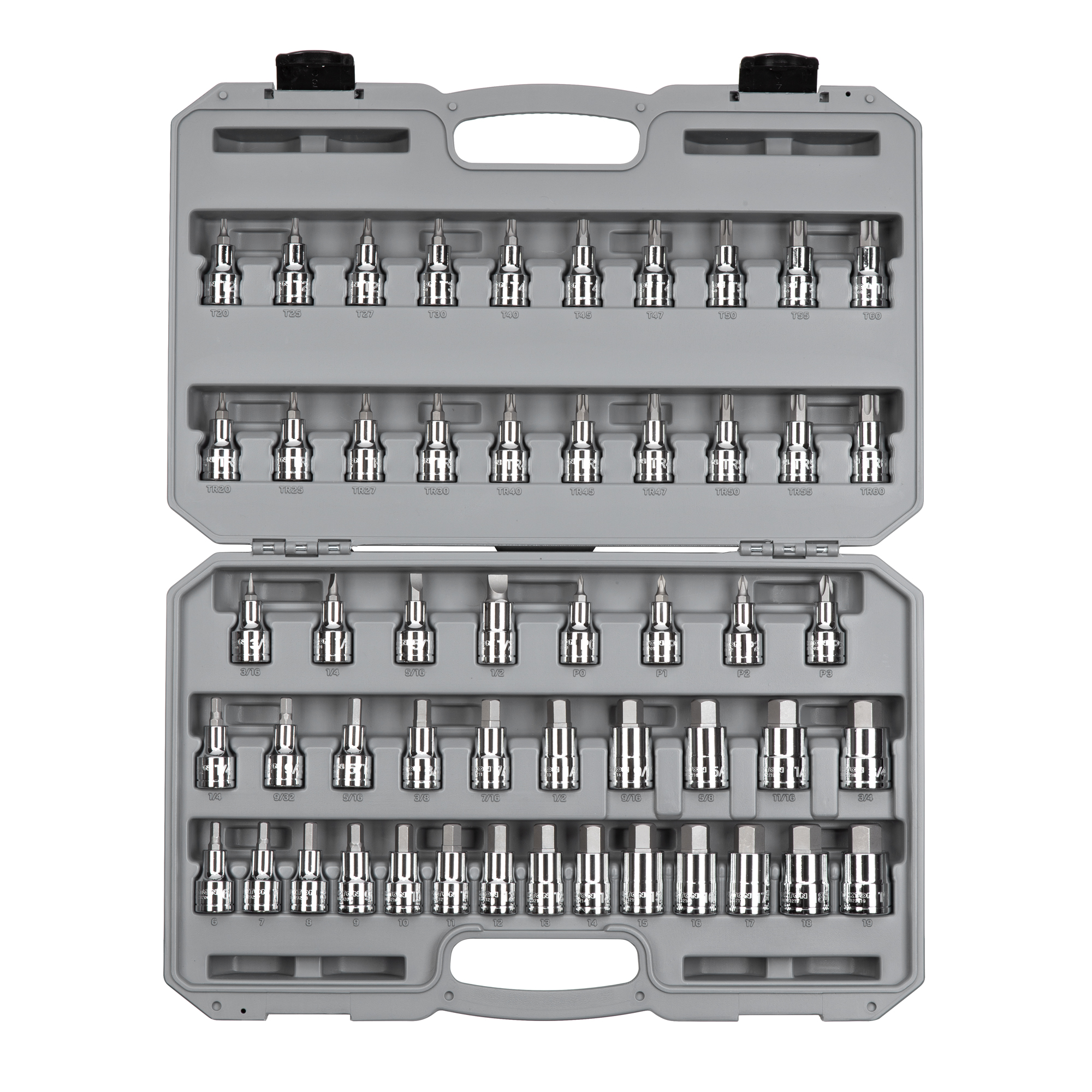 Includes: Hex 1/4-3/4 inch (SAE), 6-19 mm (Metric), Torx (T20-T60), TR Torx (TR20-TR60), Phillips (#0-#3), and Slotted (3/16-1/2 inch) bit sockets in case.