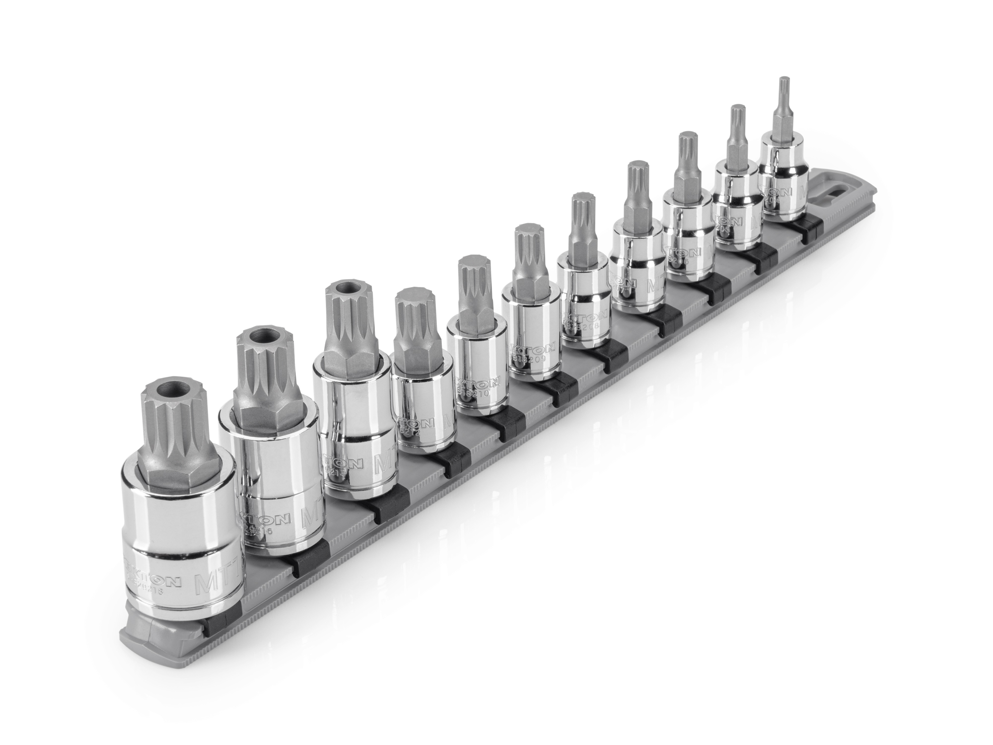 Includes: triple square (XZN) M4-M12, tr triple square MT14-MT18, hand drive bit sockets. Strong 2-piece bit socket combines S2 steel bit and chrome socket. Comes with rail storage. SHB99100.