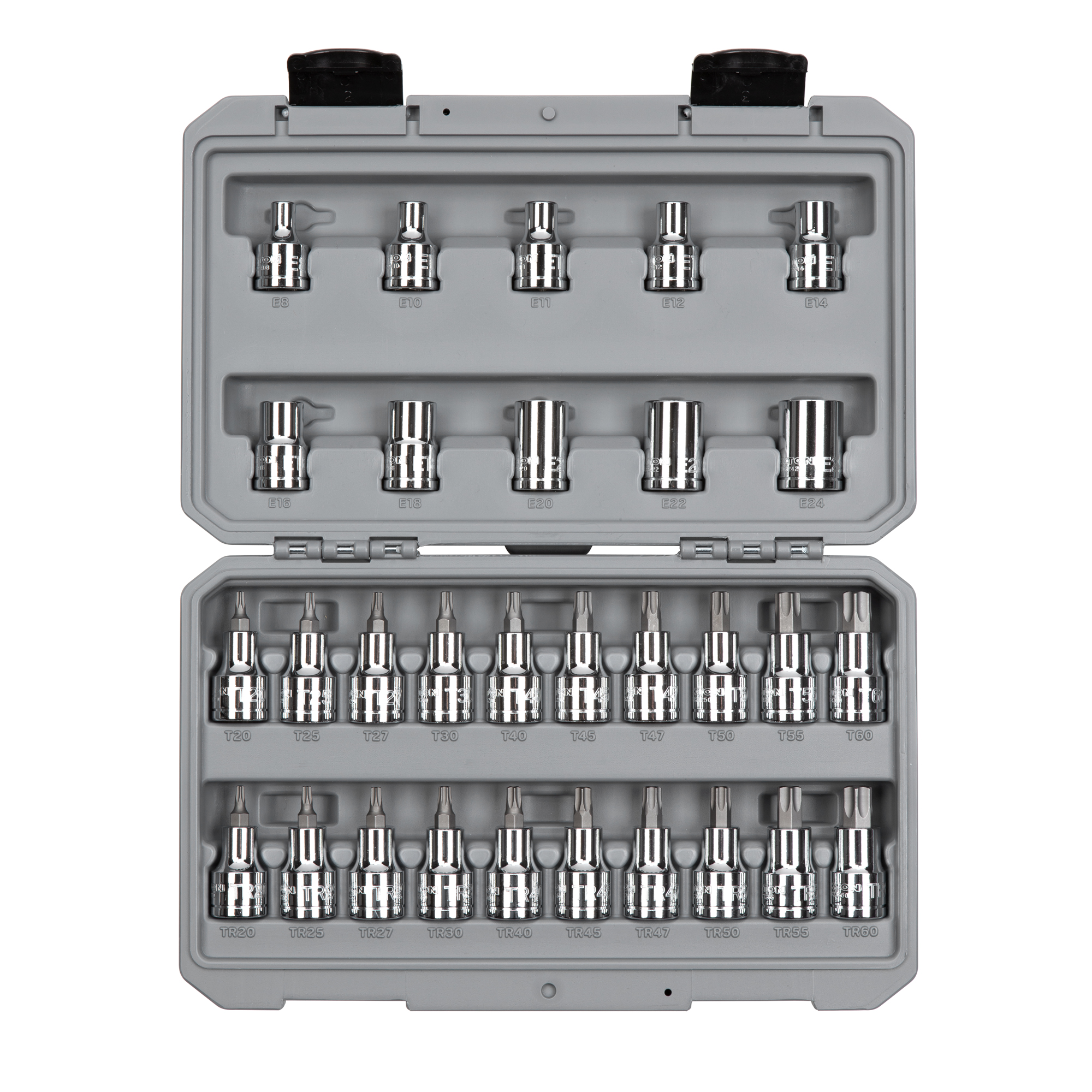 Includes: Torx bits sizes T20-T60, Torx security bits sizes TR20-TR60, and e-star bits sizes E8-E24. SKT25402.