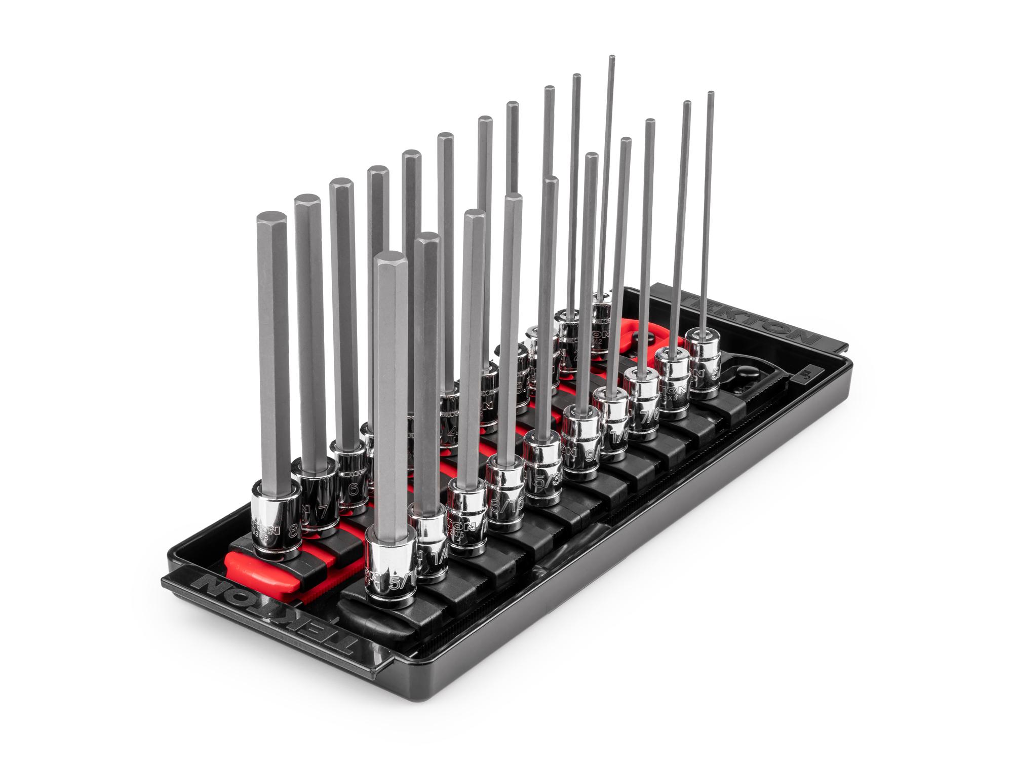 Front-right angle view of Tekton rail and tray hand drive bit socket set. Item #SHB90206