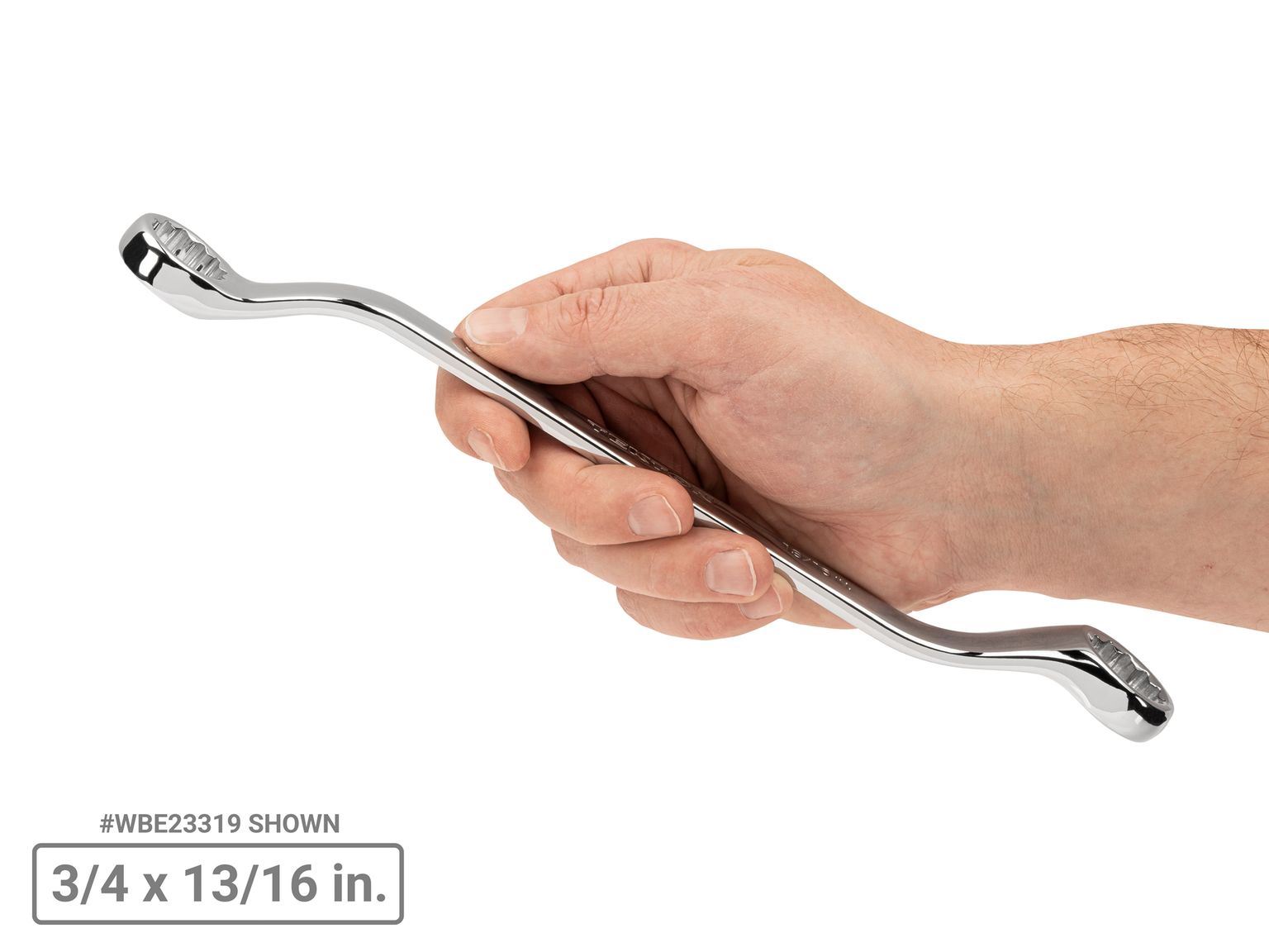 Person holding Tekton 3/4 x 13/16 inch box end wrench. Item #WBE23319