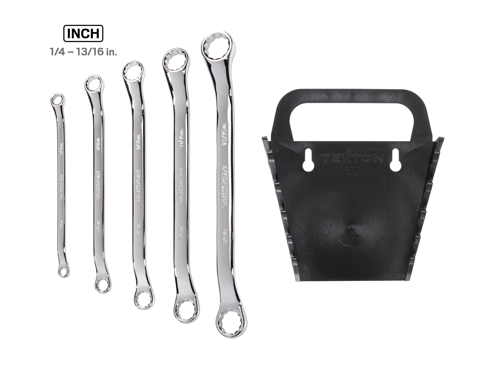 Set includes 1/4–13/16 inch (SAE) 45-degree offset double box end wrenches with 12-point box ends. Comes with holder. WBE23405.