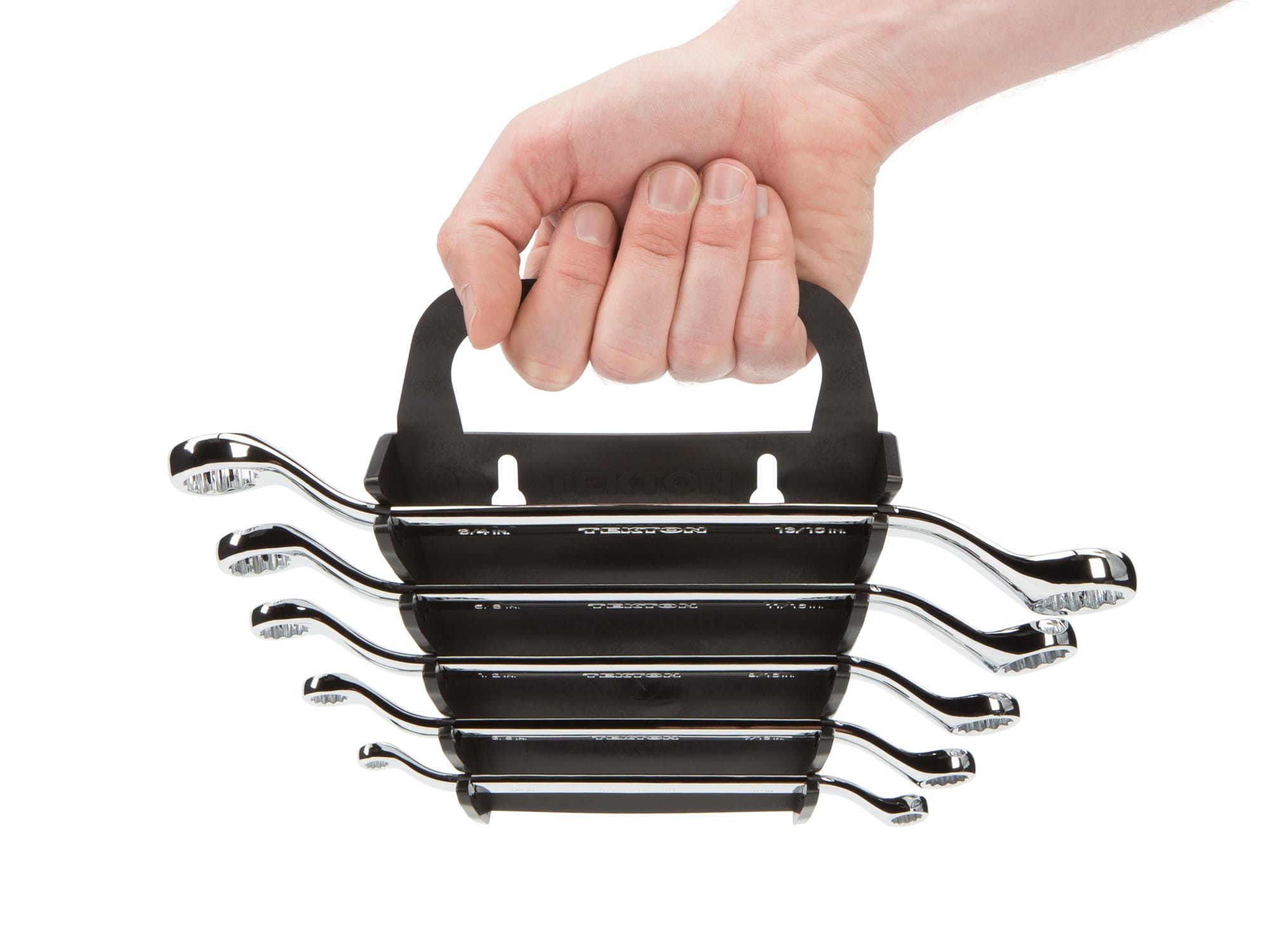 Person Holding 5-piece inch box end wrench set in a black holder