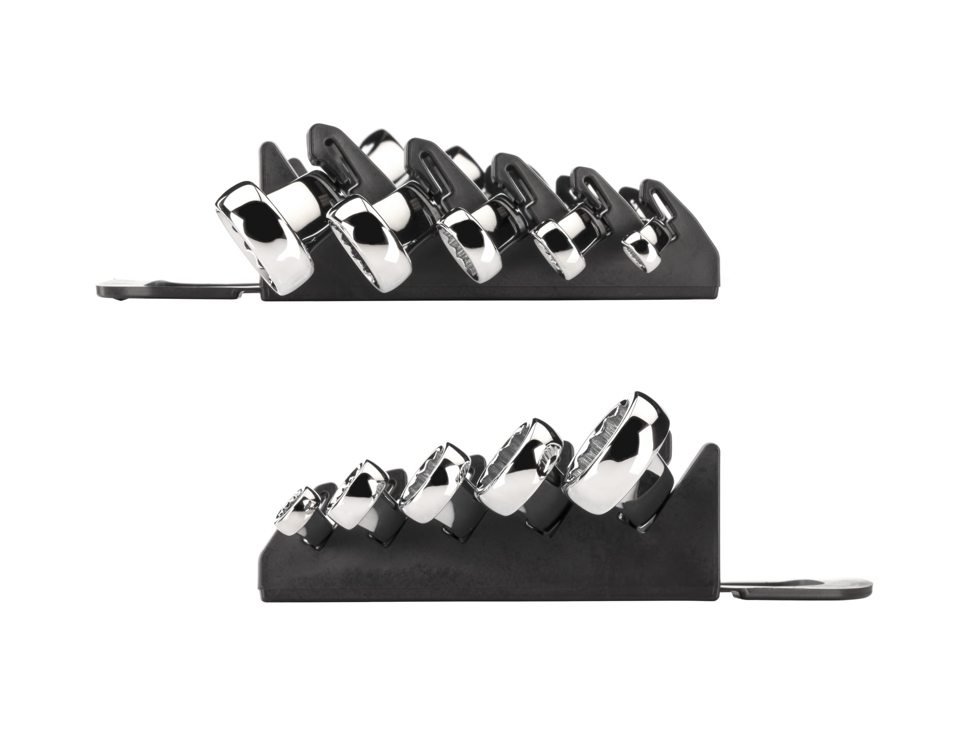 Left and right views of 5-piece inch box end wrench set in a black holder