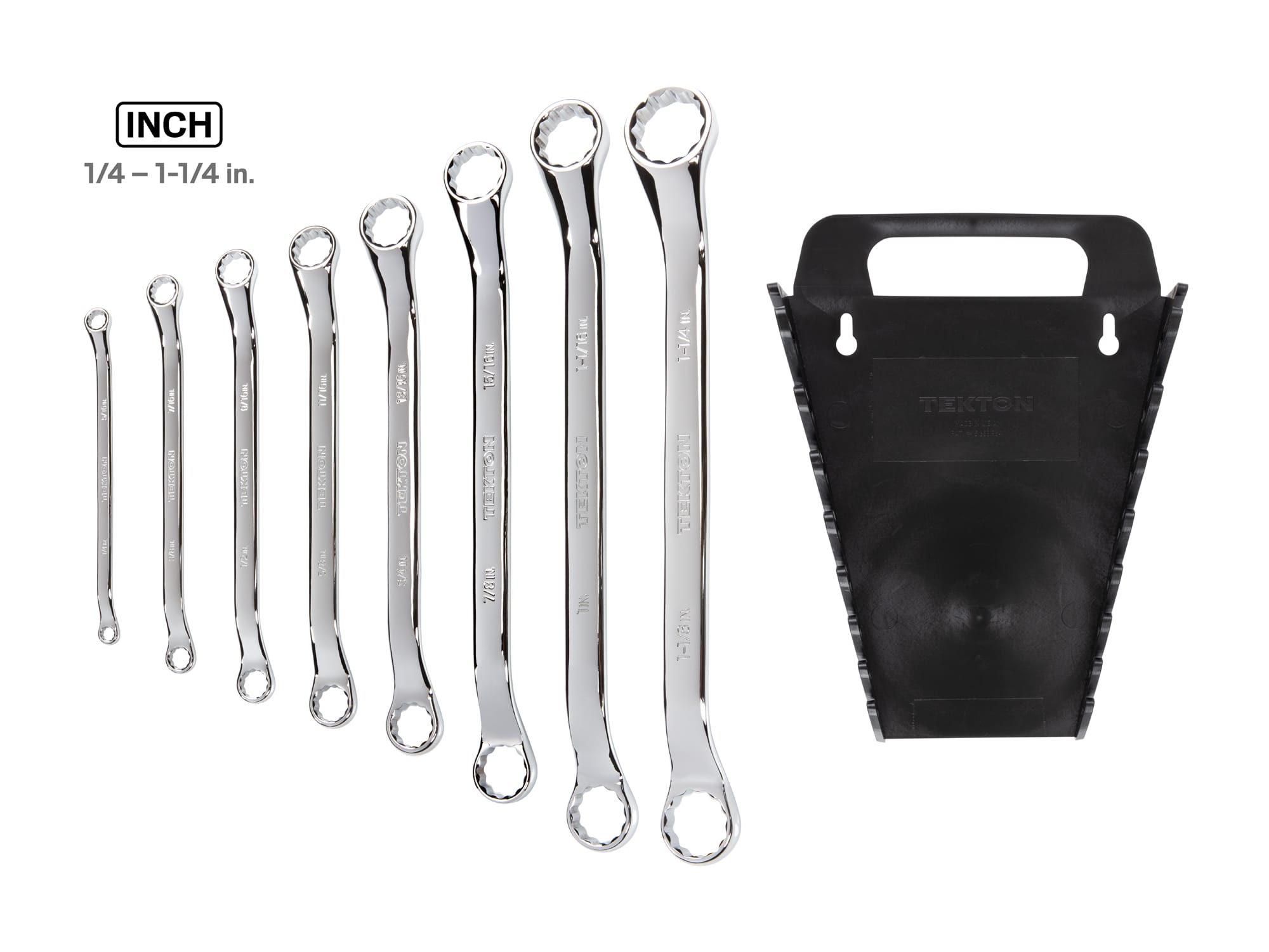 Set includes 1/4–1-1/4 inch (SAE) 45-degree offset double box end wrenches with 12-point box ends. Comes with holder. WBE23408.