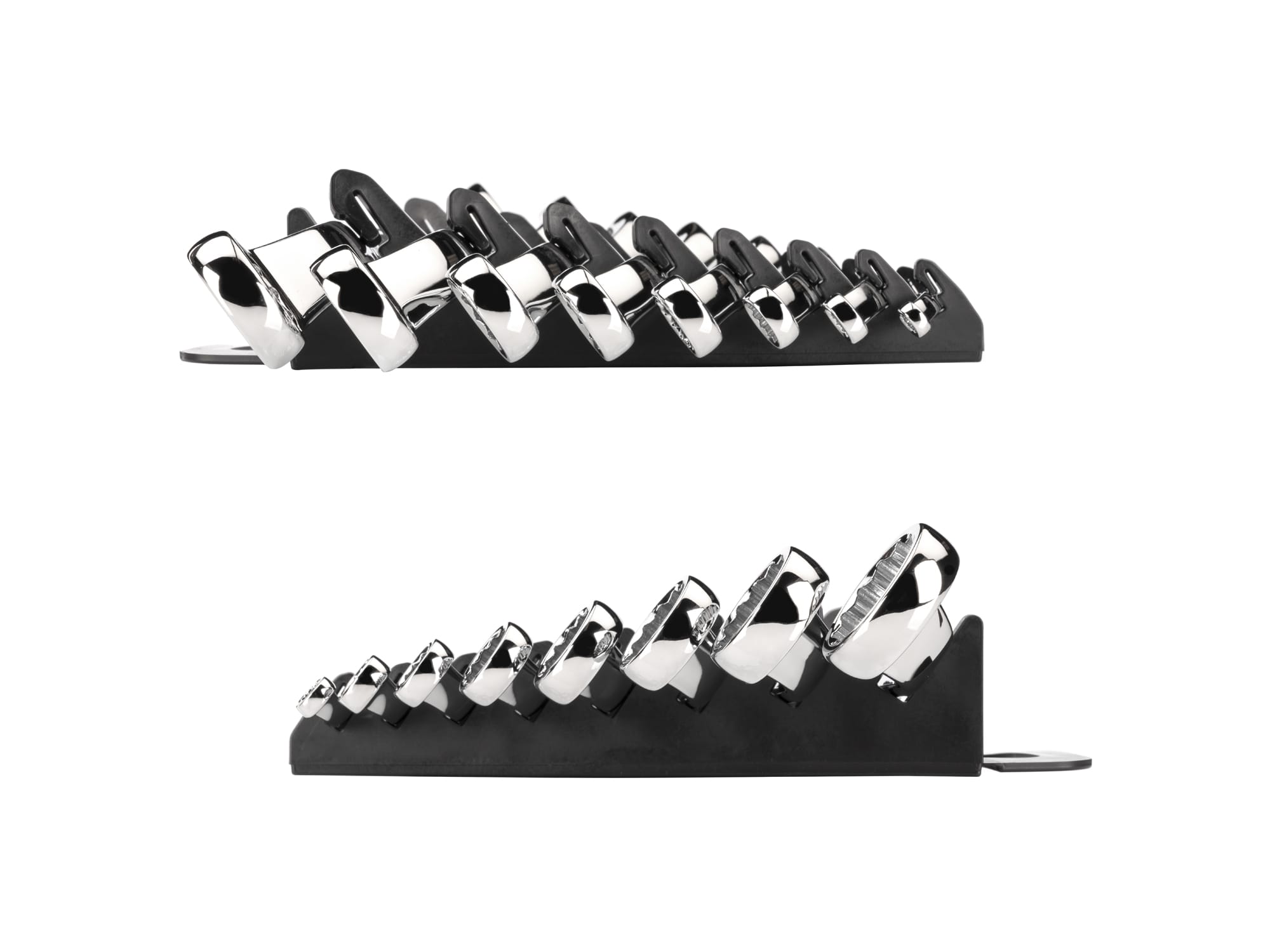 Left and right views of 8-piece inch box end wrench set in a black holder