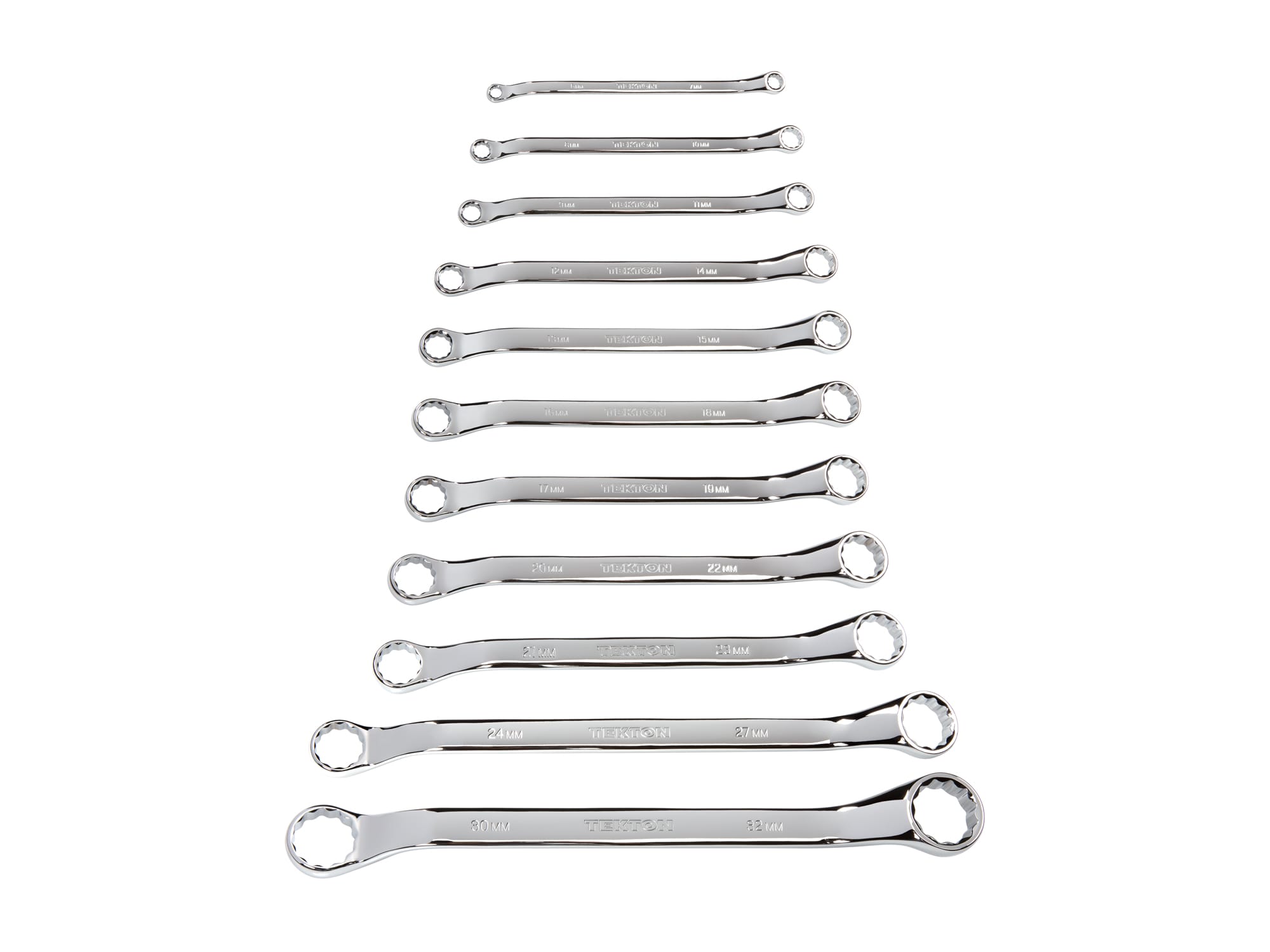 Set includes 6–32 mm (metric) 45-degree offset double box end wrenches with 12-point box ends. WBE24011.