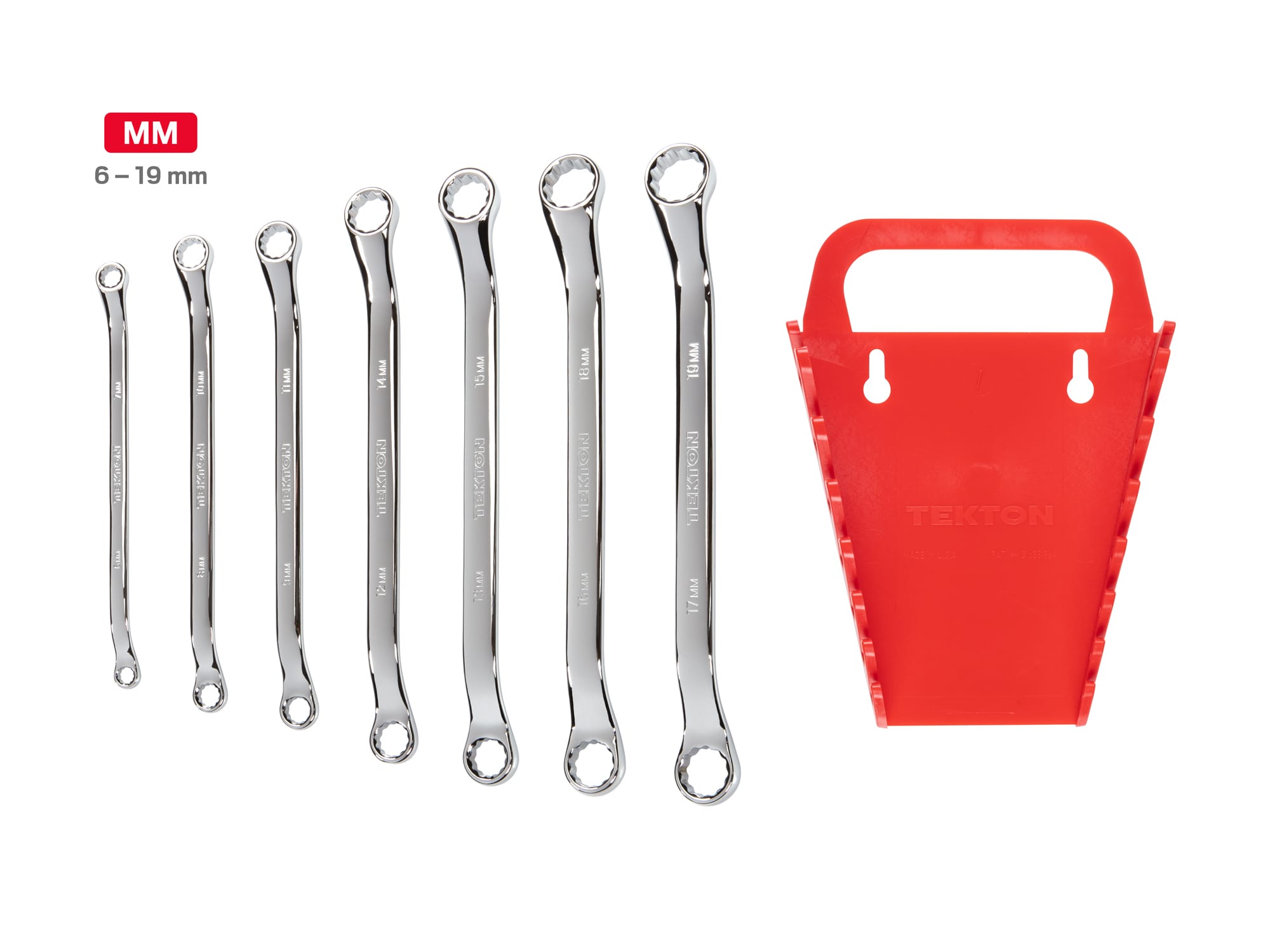 Set includes 6–19 mm (metric) 45-degree offset double box end wrenches with 12-point box ends. Comes with holder. No skipped sizes. WBE24407.