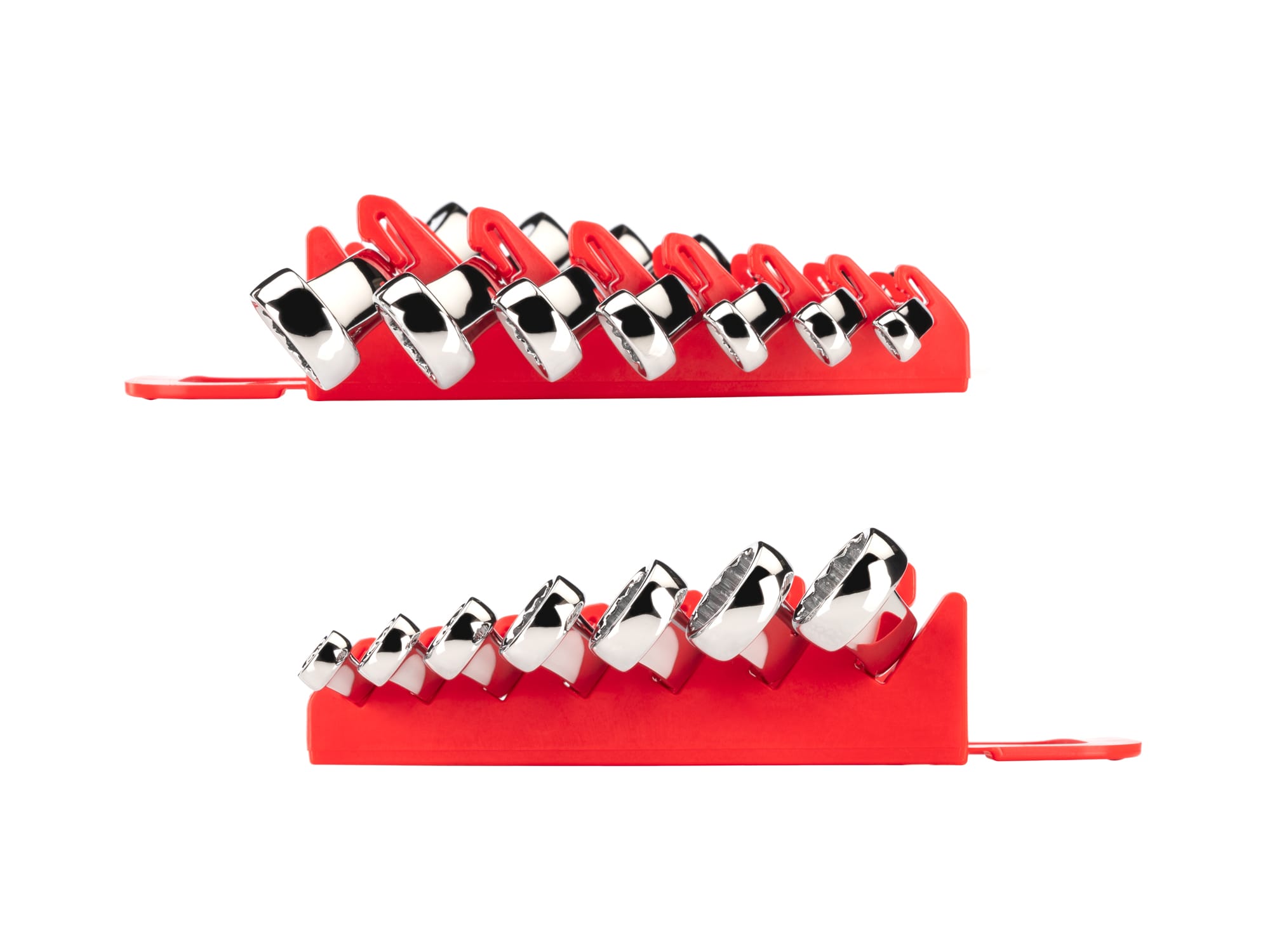 Left and right views of 7-piece metric box end wrench set in a red holder