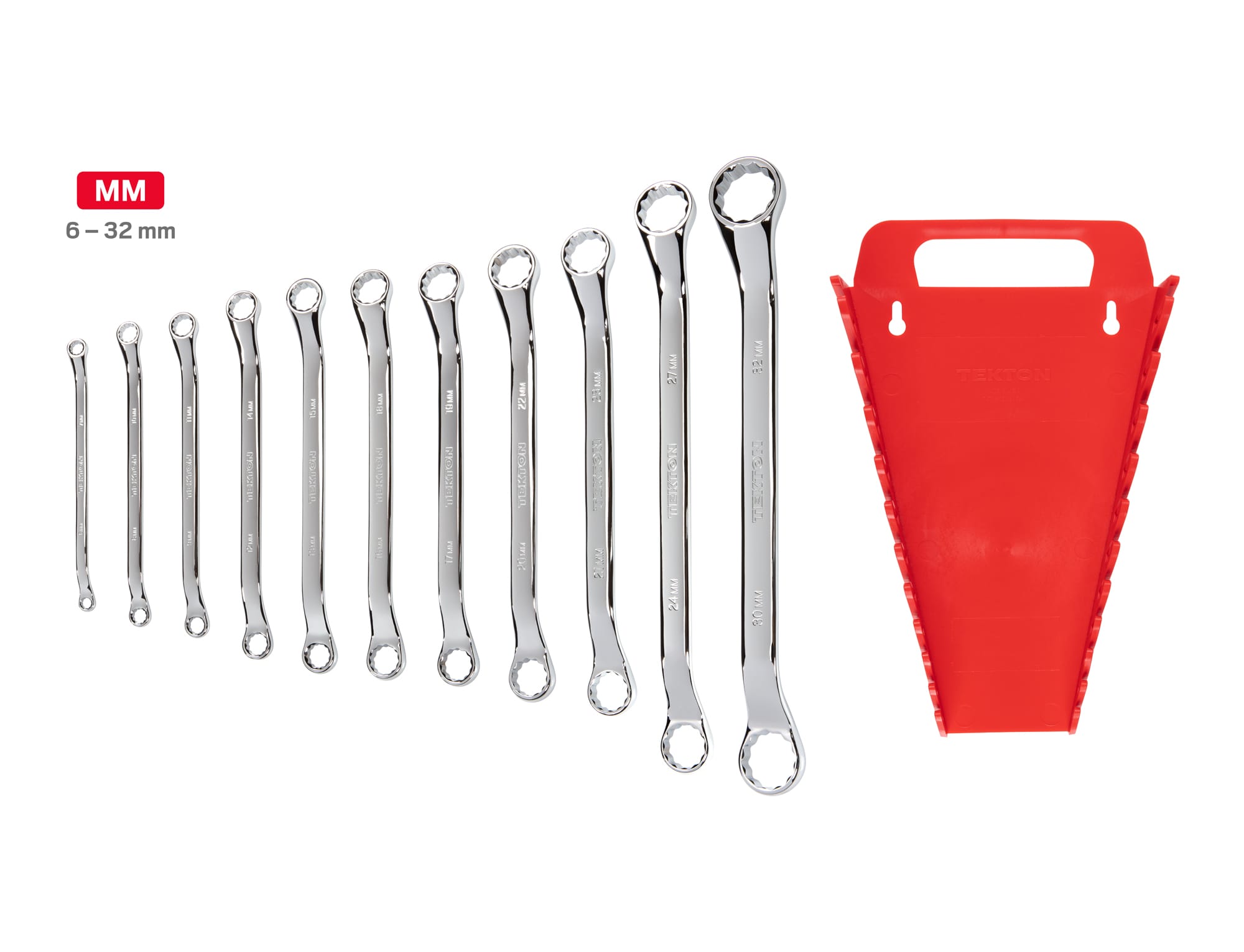 Set includes 6–32 mm (metric) 45-degree offset double box end wrenches with 12-point box ends. Comes with holder. WBE24411.