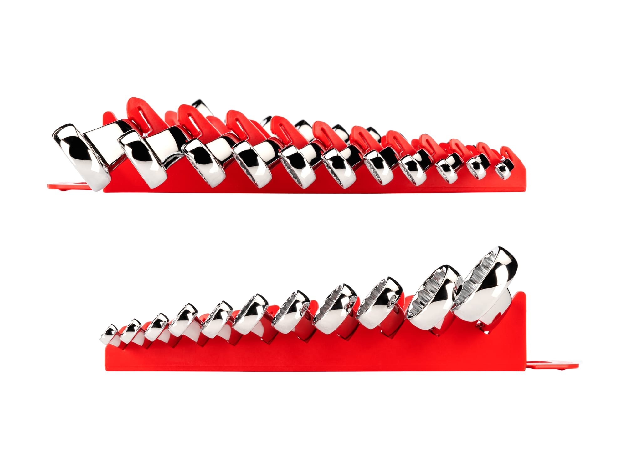 Left and right views of 11-piece metric box end wrench set in a red holder