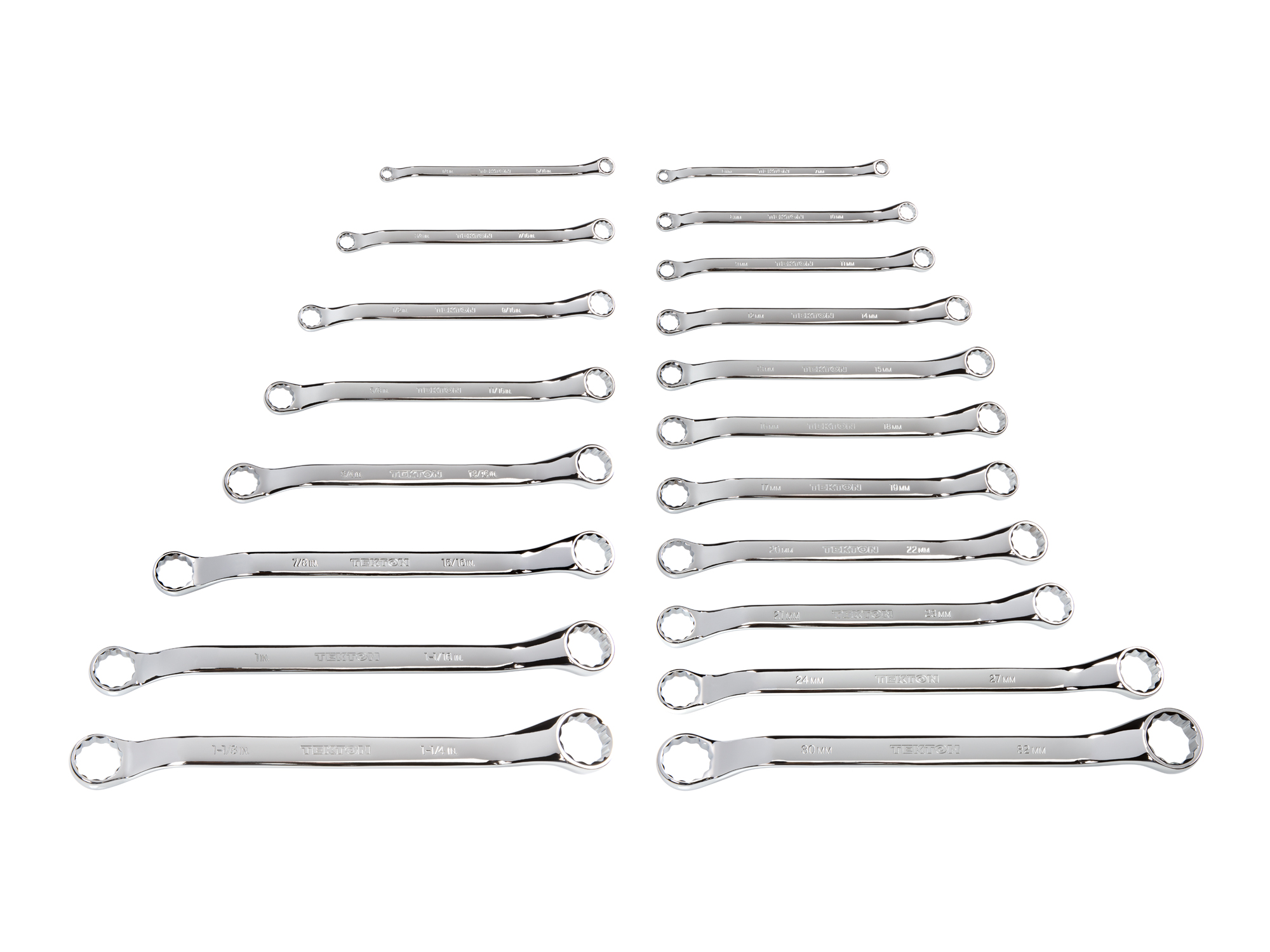 Set includes 1/4–1-1/4 inch (SAE) and 6–32 mm (metric) 45-degree offset double box end wrenches with 12-point box ends. WBE90302.