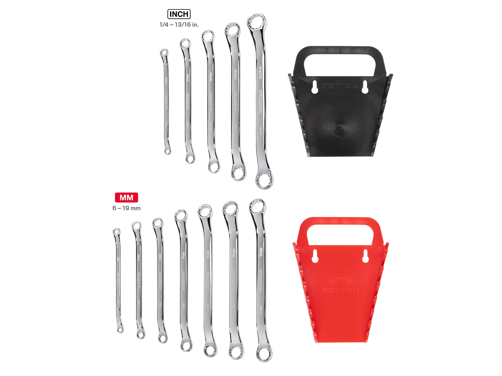 Set includes 1/4–13/16 inch (SAE) and 6–19 mm (metric) 45-degree offset double box end wrenches with 12-point box ends. Comes with holders. WBE91301.