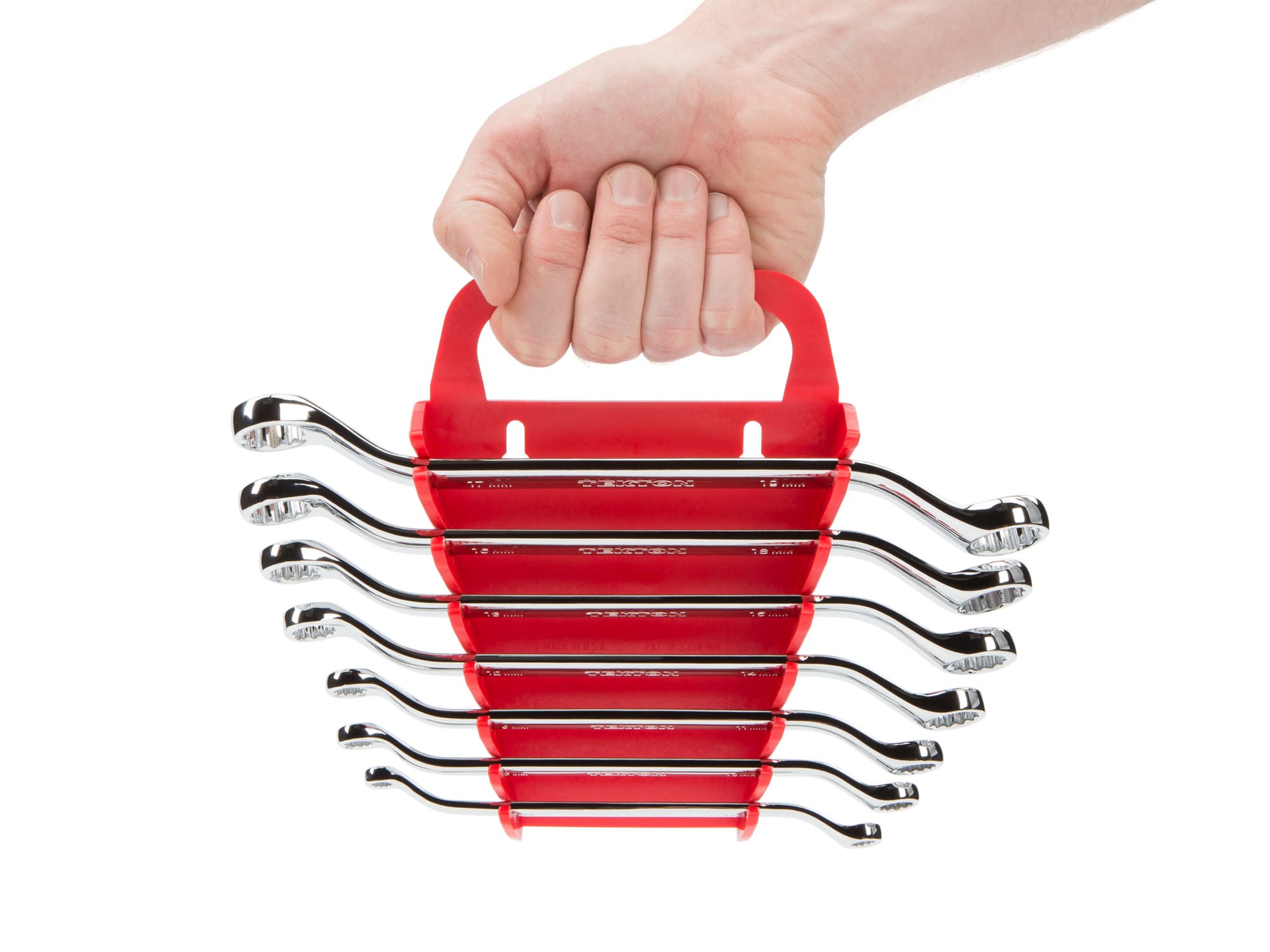 Person Holding 12-piece inch-and-metric box end wrench set in a black holder