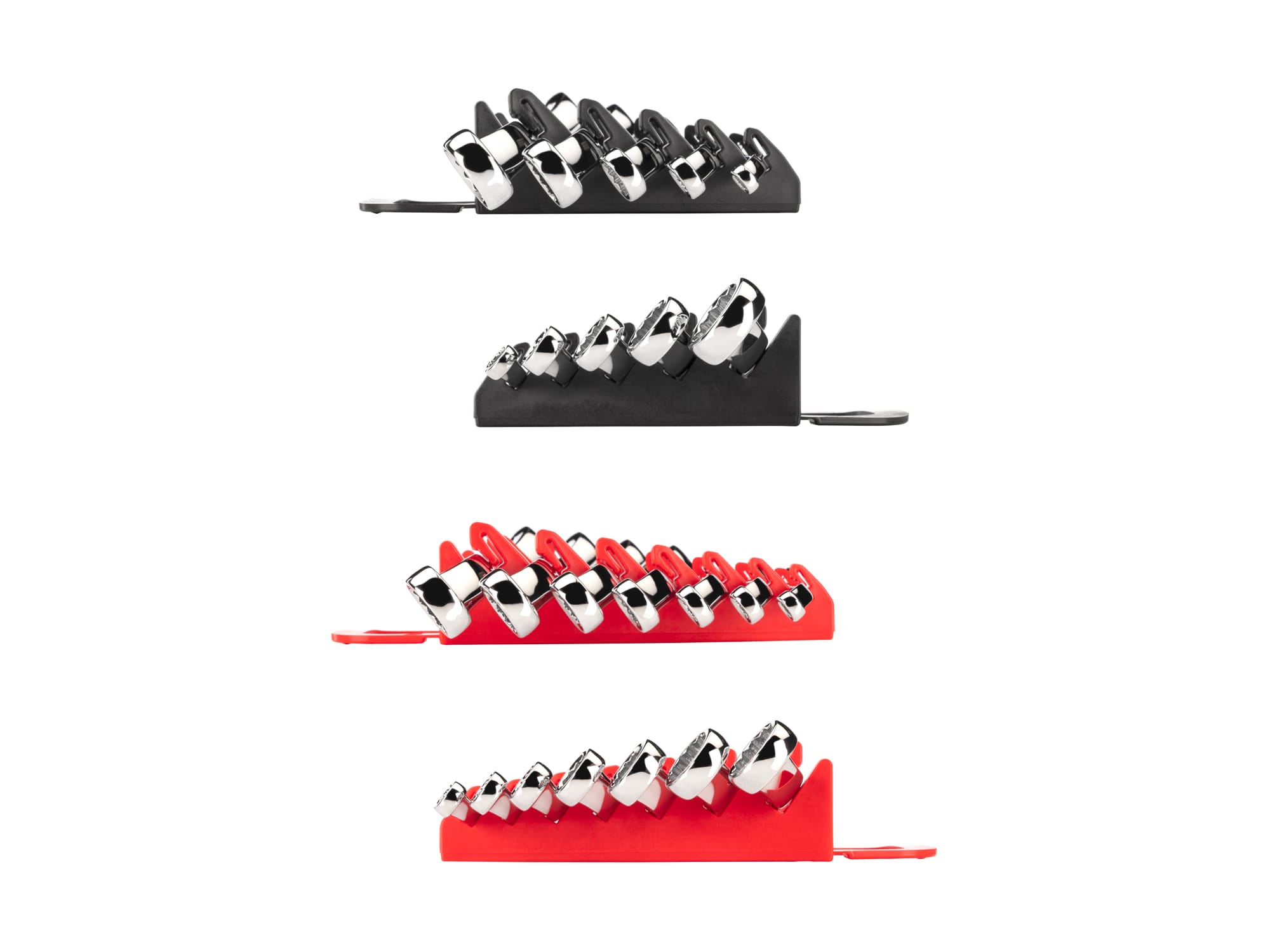 Left and right views of 12-piece inch-and-metric box end wrench set in a black holder