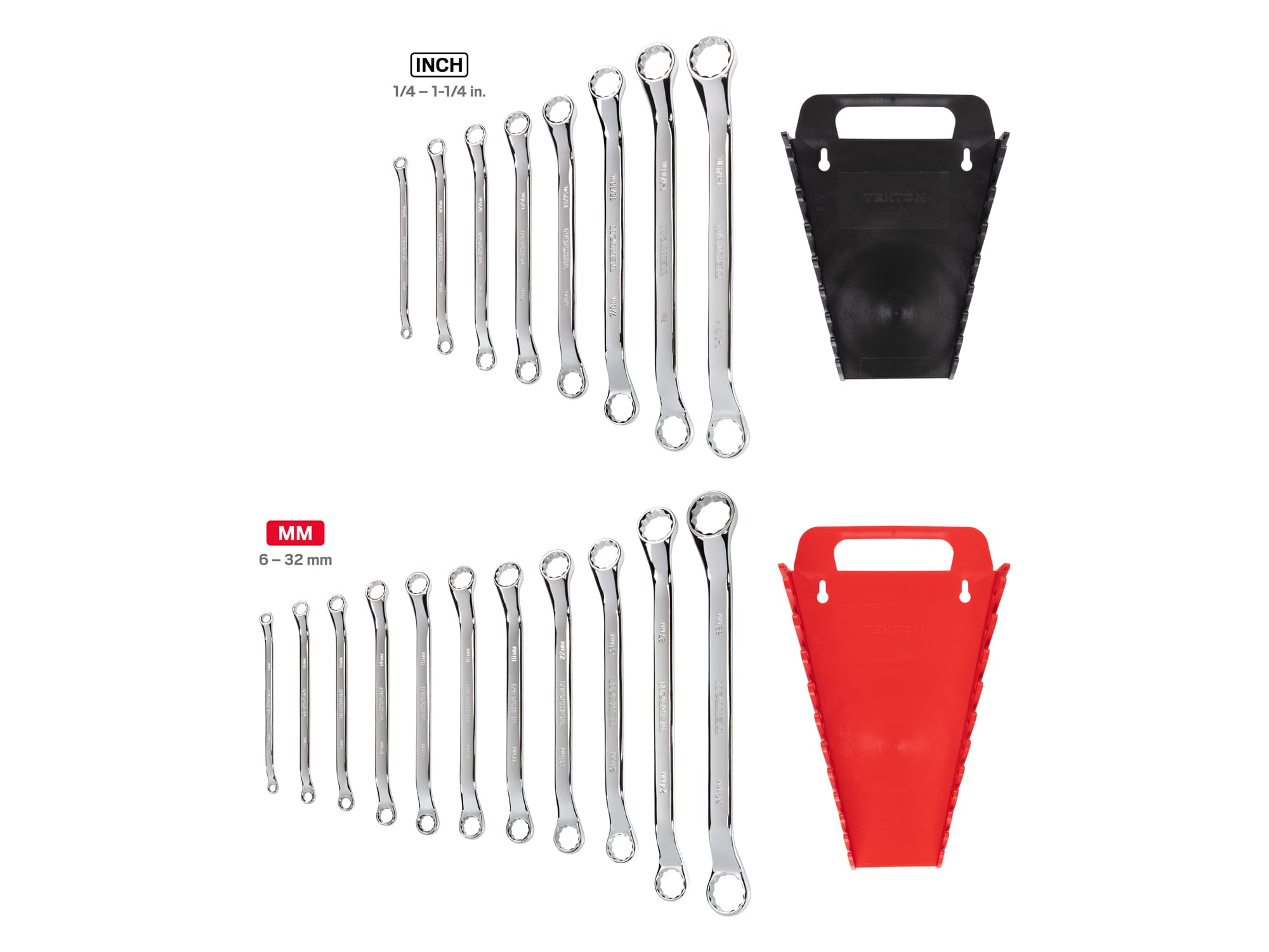 Set includes 1/4–1-1/4 inch (SAE) and 6–32 mm (metric) 45-degree offset double box end wrenches with 12-point box ends. Comes with holders. WBE91302.