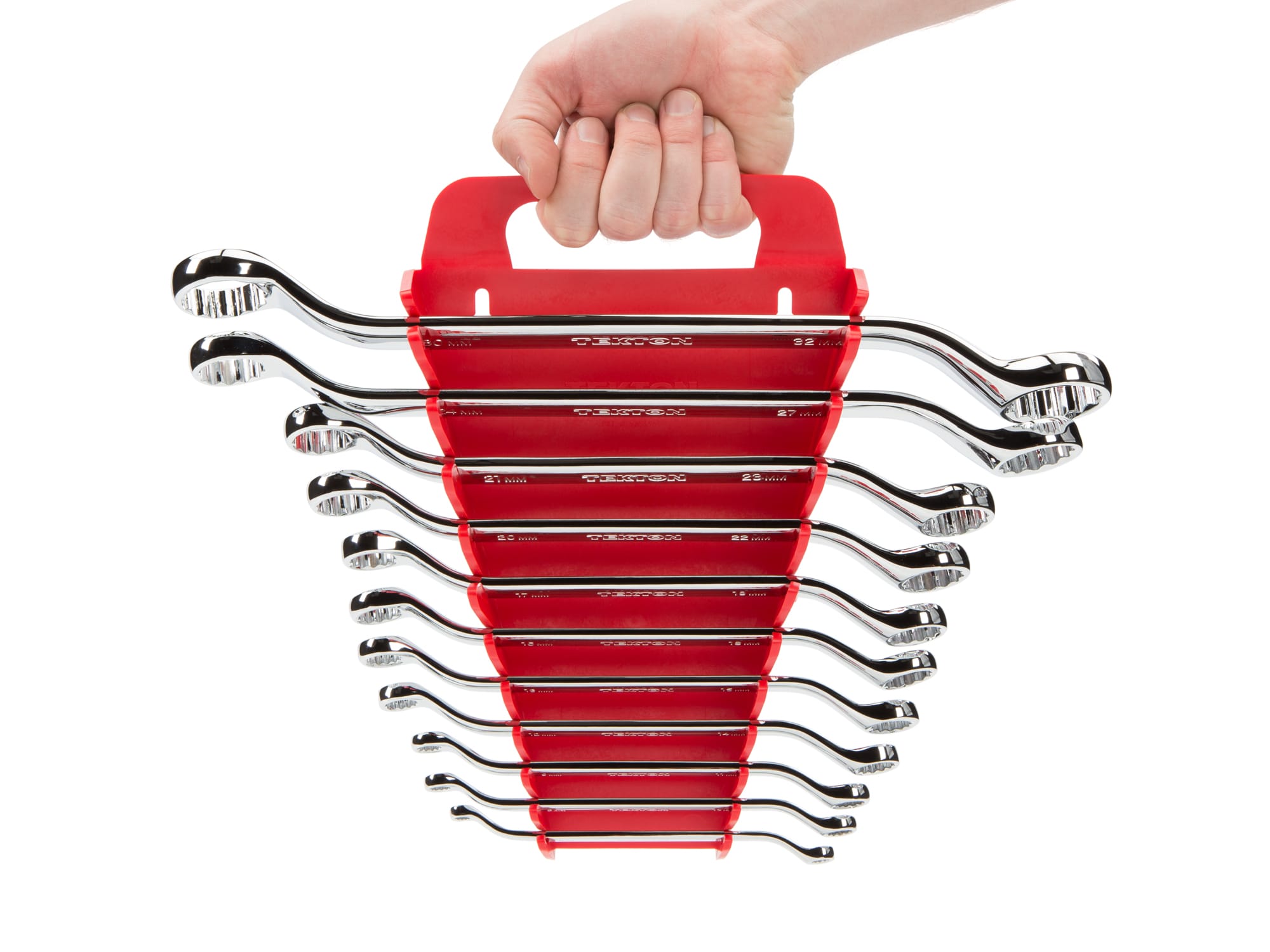 Person Holding 19-piece inch-and-metric box end wrench set in a black holder