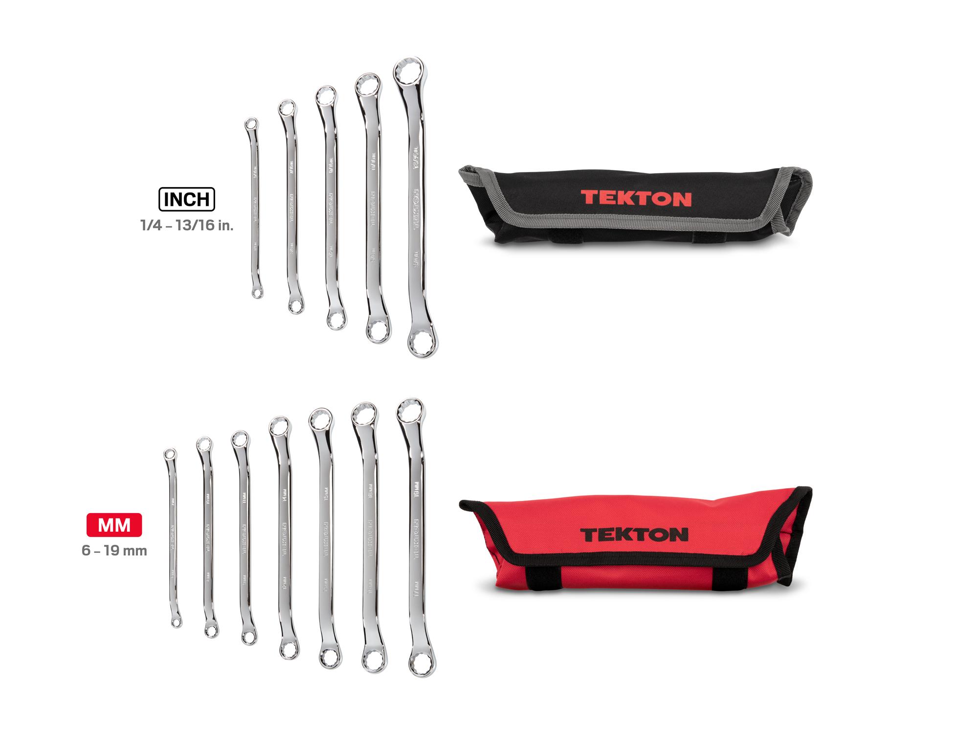Laid out contents of  Tekton pouch box end wrench set. Item #WBE94301