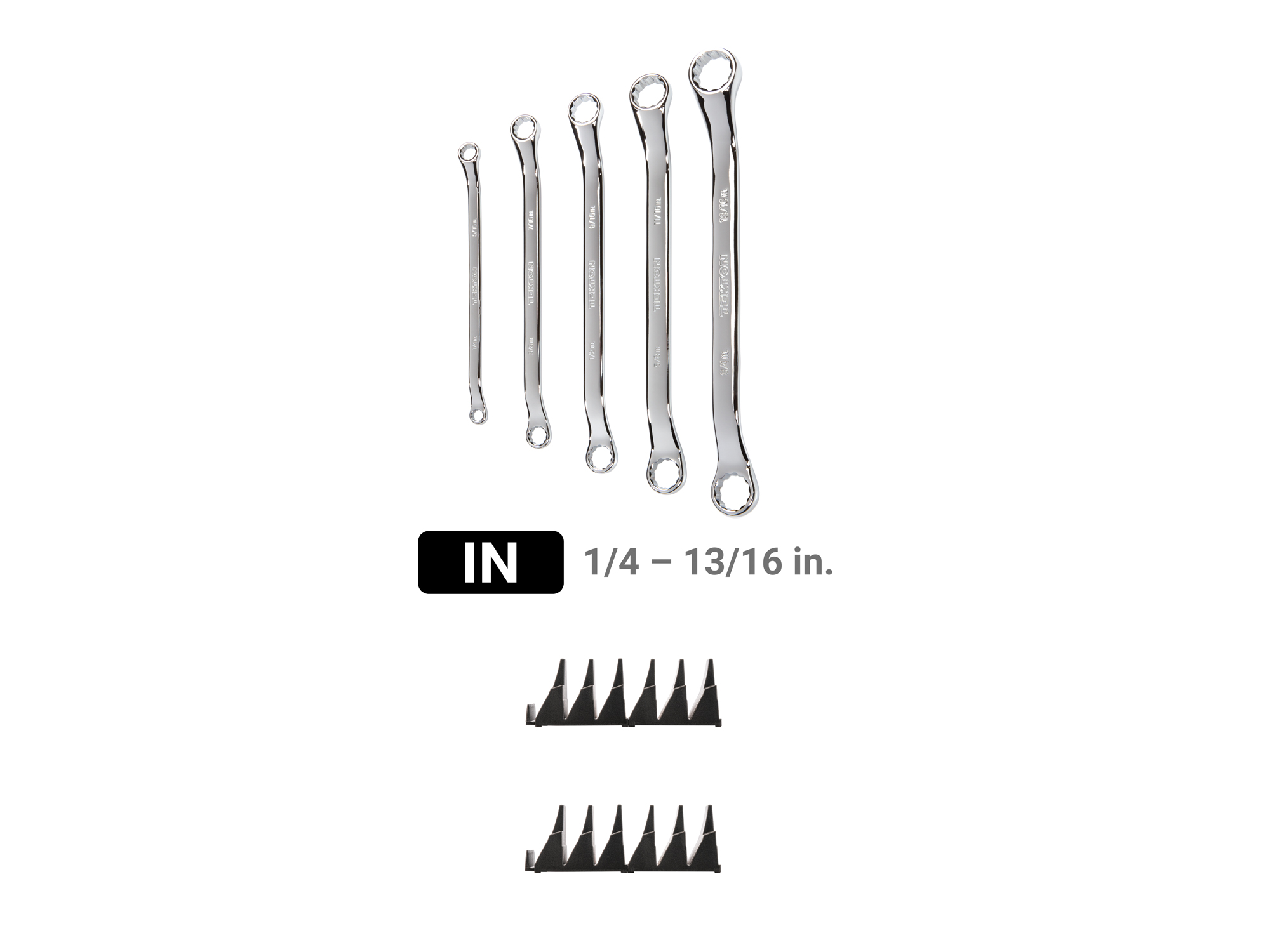 Set includes 1/4–13/16 inch (SAE) 45-degree offset double box end wrenches with 12-point box ends. Comes with modular wrench organizers. WBE95101.