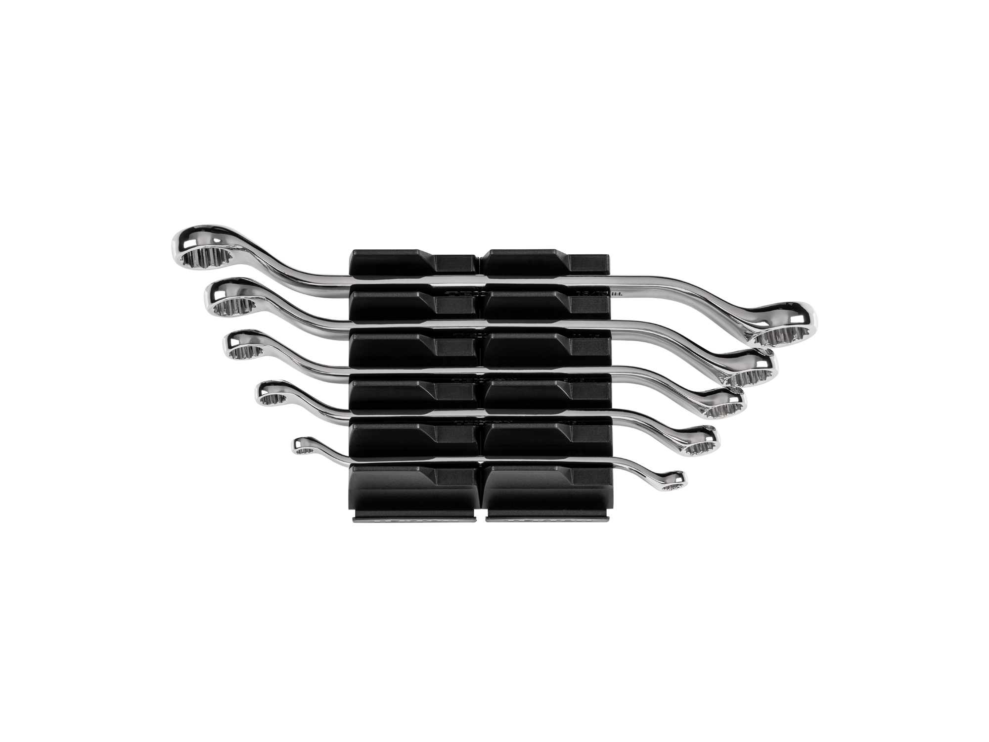 Set includes 1/4–13/16 inch (SAE) 45-degree offset double box end wrenches with 12-point box ends. Comes with modular wrench organizers. WBE95101.